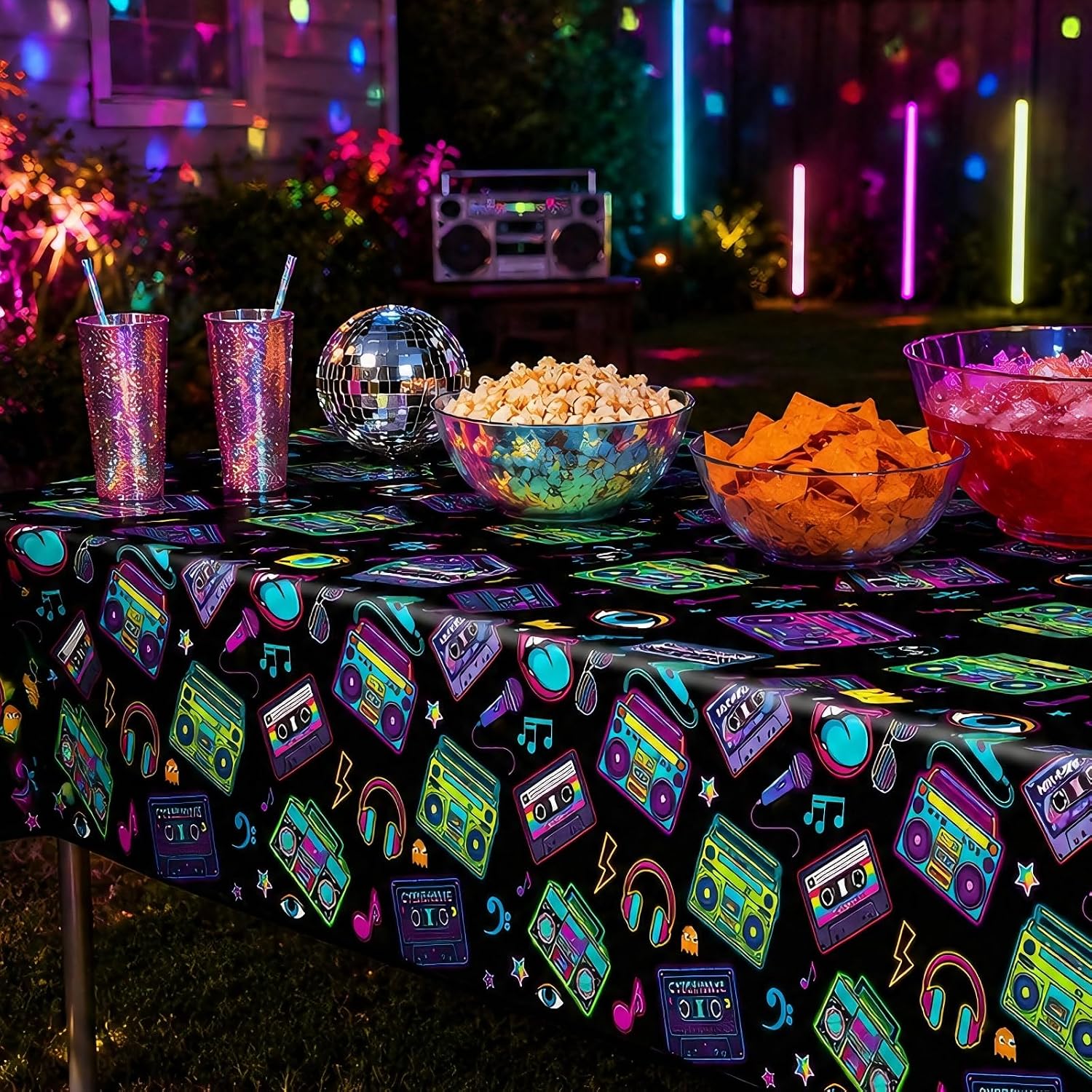 3-Piece 54 x 108 Inch 80s 90s Retro Music Plastic Tablecloth – Boombox Cassette Disposable Rectangle Table Covers for Disco Party, Hip Hop Birthday, Neon Glow Party and Throwback Decorations image 4