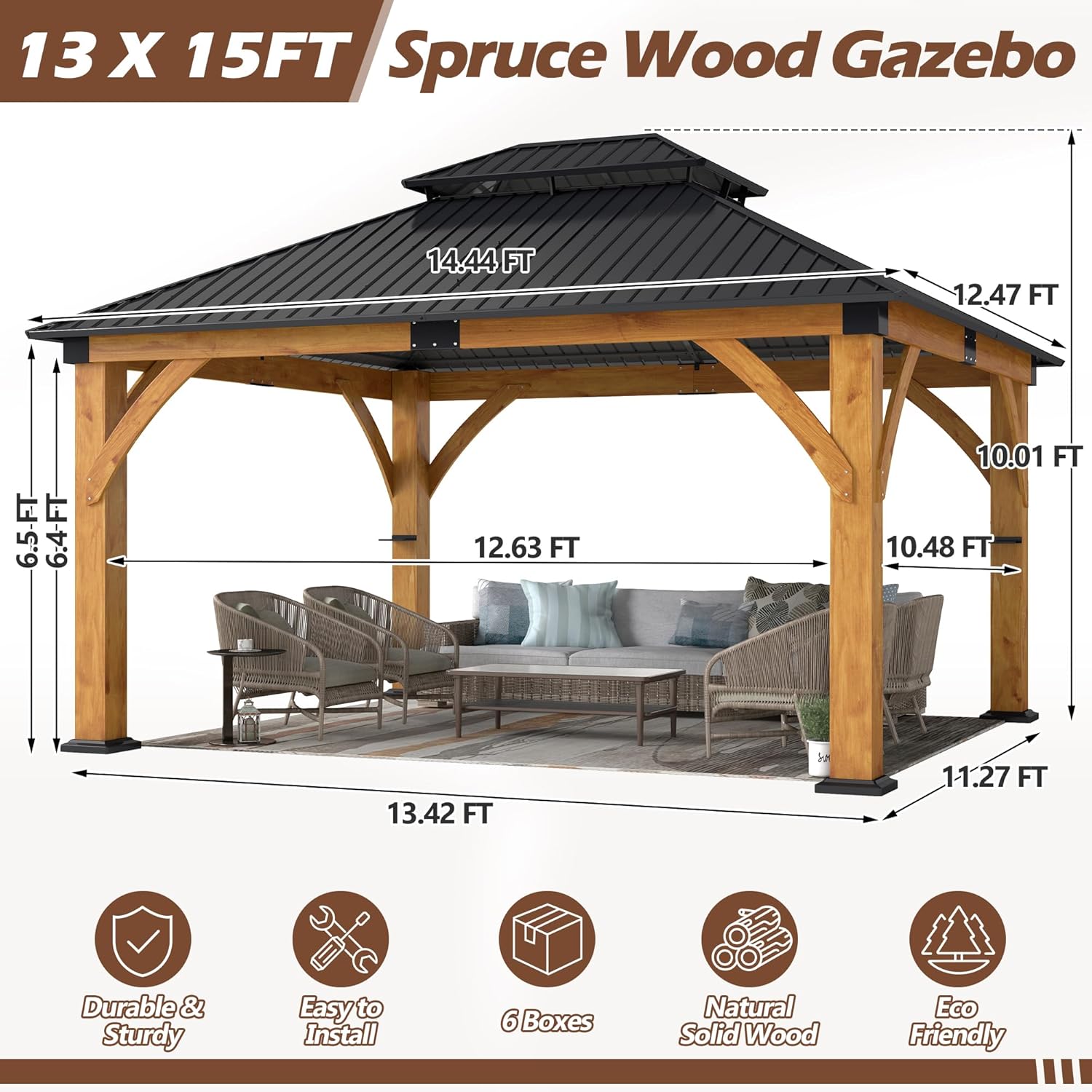 13' x 15' Wood Gazebo, Upgraded Spruce Wooden Gazebo with Double Galvanized Steel Roof, Outdoor Wooden Hardtop Gazebos for Deck, Backyard