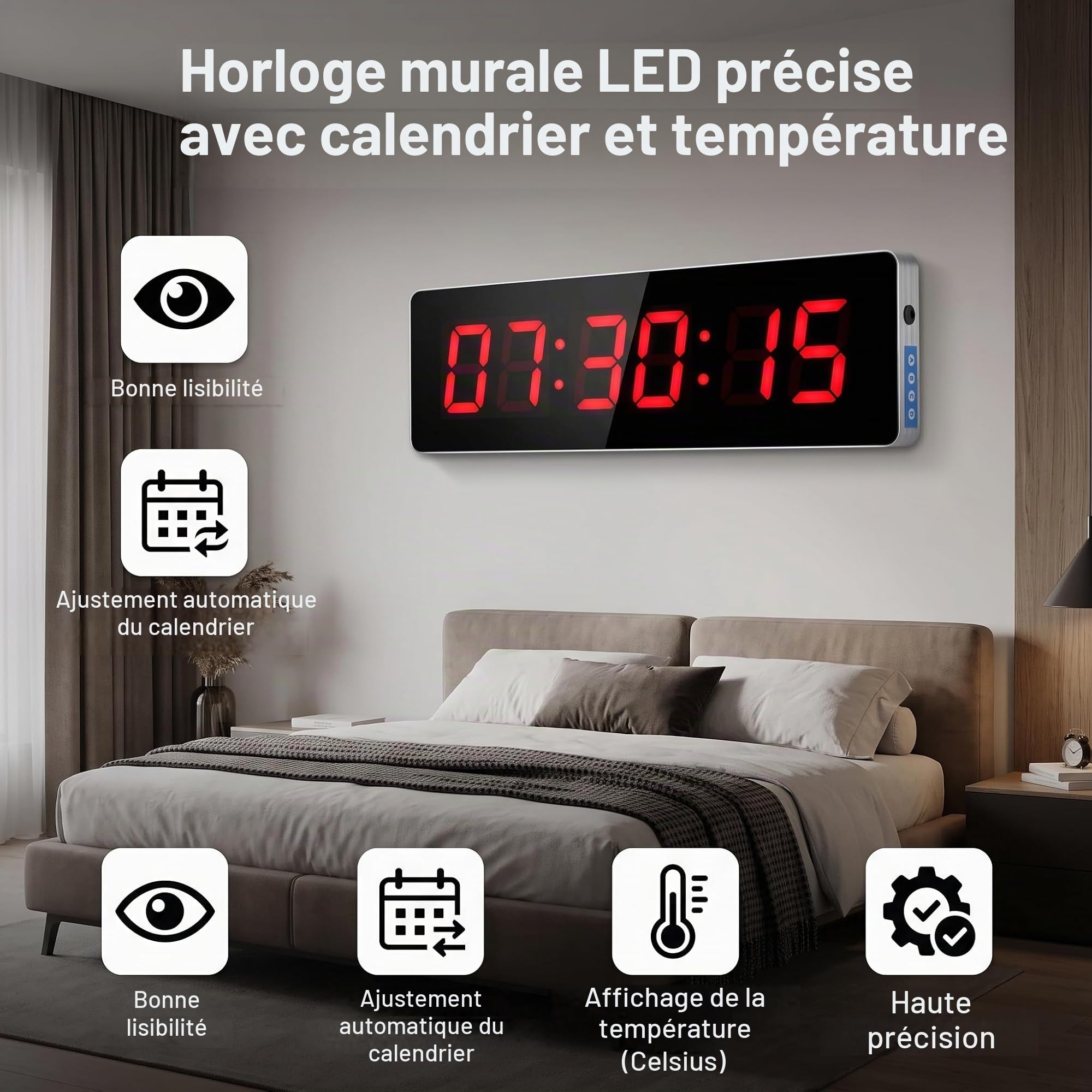Ejoyous Horloge Murale Numérique LED - Calendrier, Température, Affichage de la Semaine - pour Cuisine (36 * 13 * 3cm)