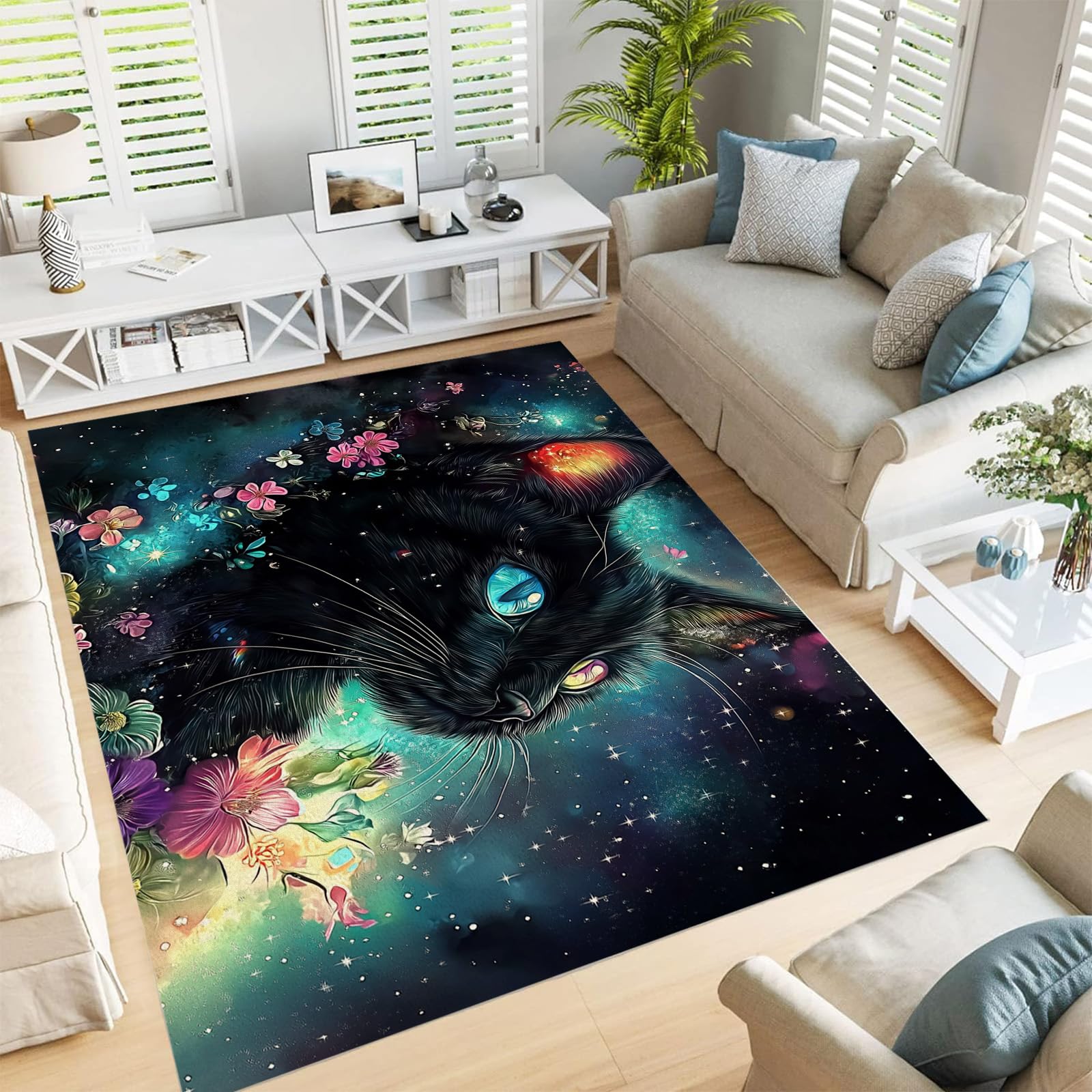 Tapis grand salon lavable 140x200cm à poil court doux motif chat noir antidérapant