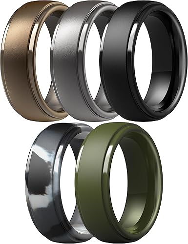 Miniatura 48 de ThunderFit Anillos de boda de silicona para hombre, 0.394 in de ancho y 0.098 in de grosor, paquete múltiple de variedad 1-7 Pack A: Negro