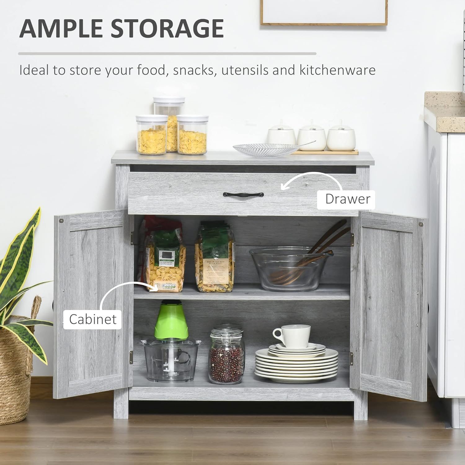 HOMCOM Farmhouse Barn Door Sideboard Storage Cabinet Coffee Bar for Living Room – Grey Grain