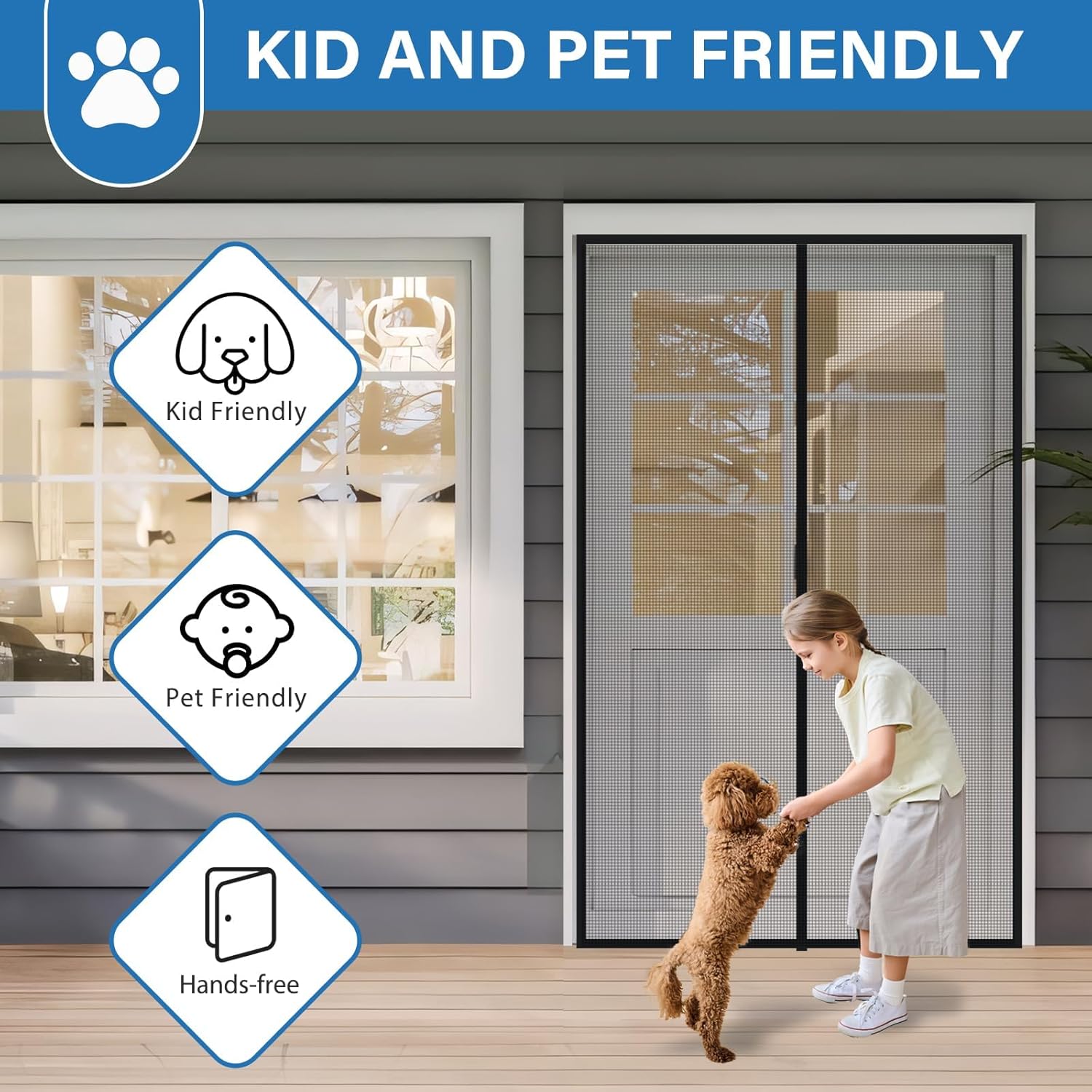 マグネットスクリーンドアアップグレードPETメッシュはグラスファイバーやポリエステルよりも丈夫、ハンズフリー、虫を寄せ付けず、ペット