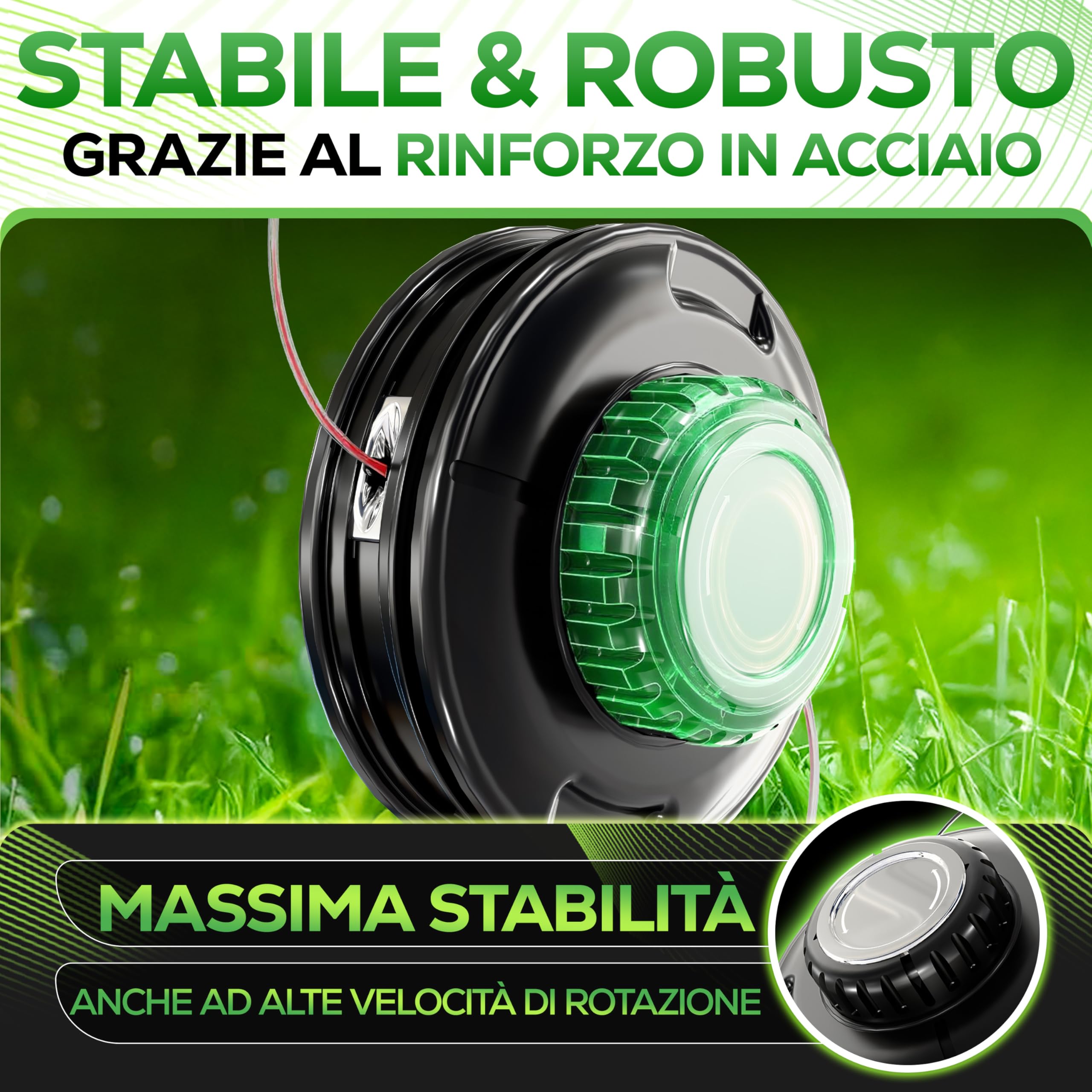 Heckenpracht® Testina falciante per decespugliatore con pomello in acciaio filettatura sinistra | Testina per trimmer con funzione Tap & Go | Taglio efficiente del prato con testina falciante per
