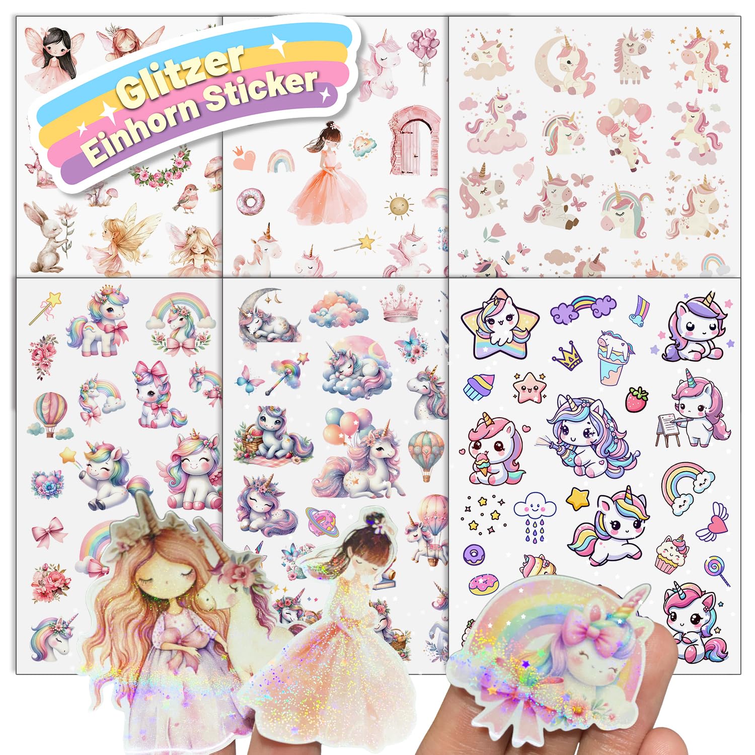 Pegatinas de unicornio con efecto brillante, 6 unidades, más de 150 diseños de purpurina, pegatinas de unicornio, holográficas para niños, niñas, álbumes de recortes, álbumes de fotos, regalos (no