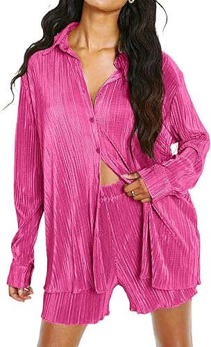 Ekouaer Pleated Sets for Women 2 Piece Lounge Shorts Set Long Sleeve Button Down Shirts Outfits