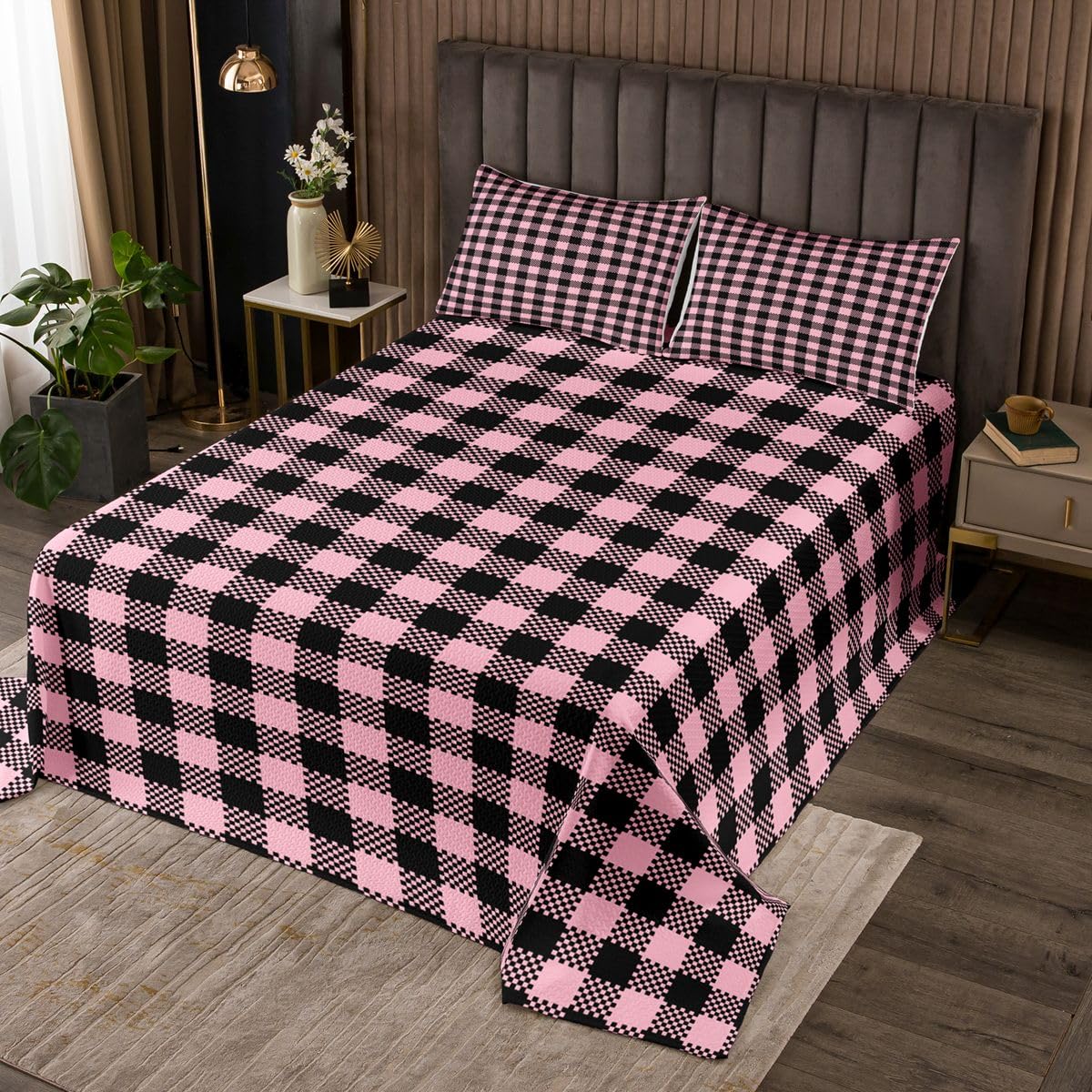 Loussiesd Set di 2 copriletto a quadri rosa e nero, per letto singolo, motivo geometrico a quadretti, morbido, accogliente, a scacchi, leggero, per tutte le stagioni, con 1 federa