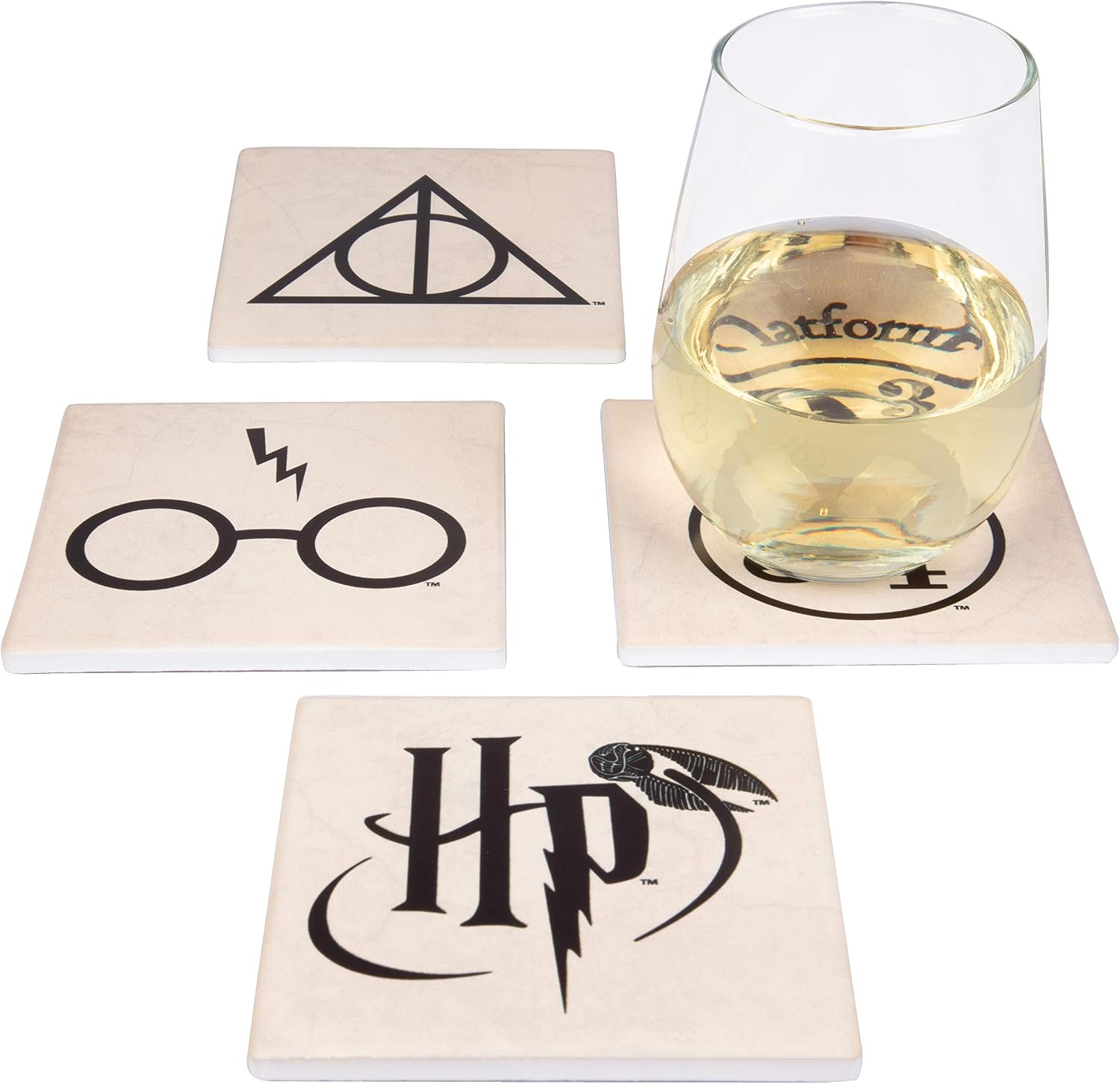 Seven20 Harry Potter Coasters, Set of 4 Themed Ceramic Coaster Set – Protect Tables from Drink Cups and Glasses – Perfect Harry Potter Gifts for Women and Men – White, Grey and Gold