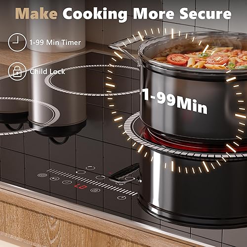 Miniatura 9 de Estufa eléctrica de 30 pulgadas, estufa eléctrica de 5 quemadores 6900W, encimera de cerámica integrada de 30 pulgadas con marco de metal, bloqueo