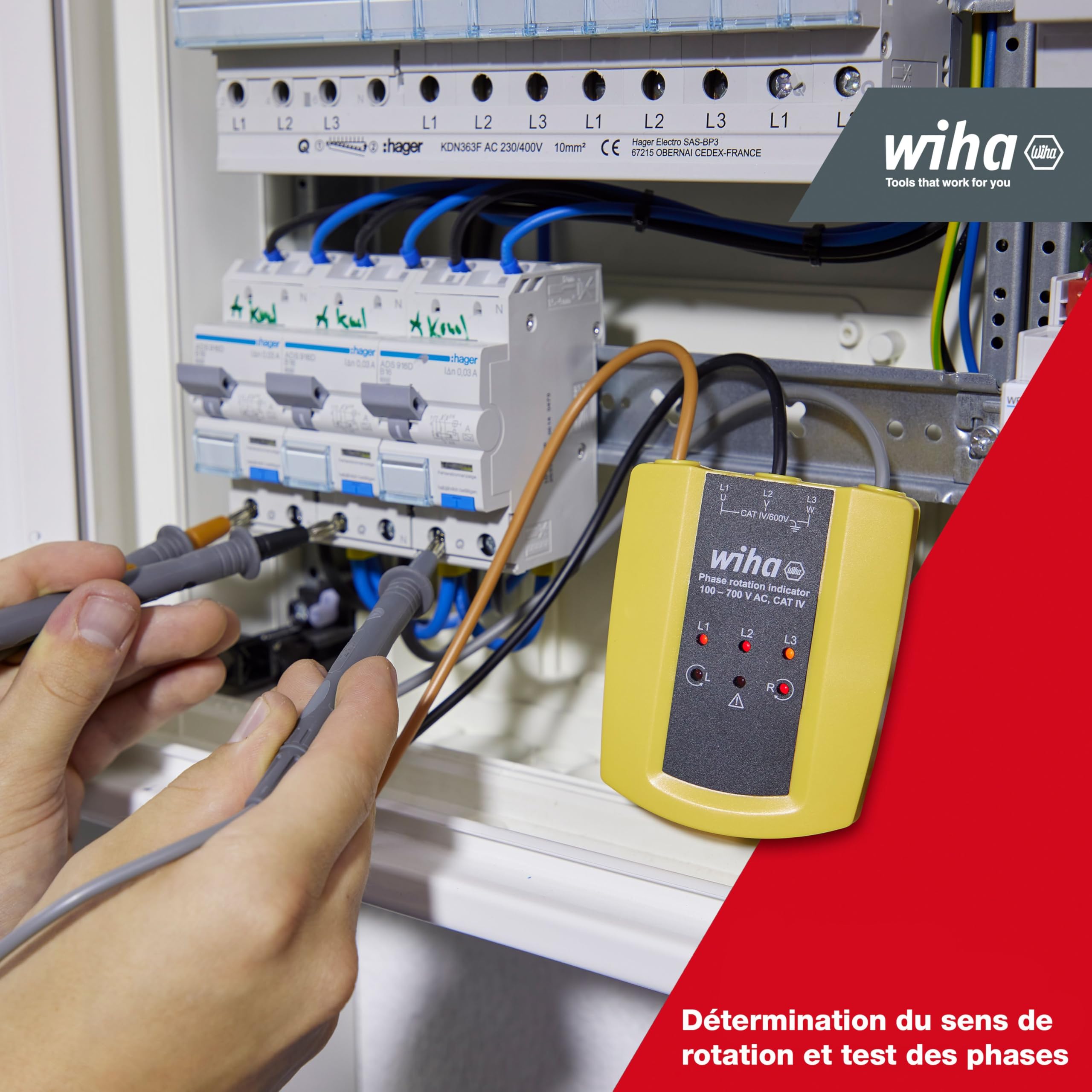 Wiha 45221 Drehfeldtester Cat III 1000 V, Cat IV 600V Noir