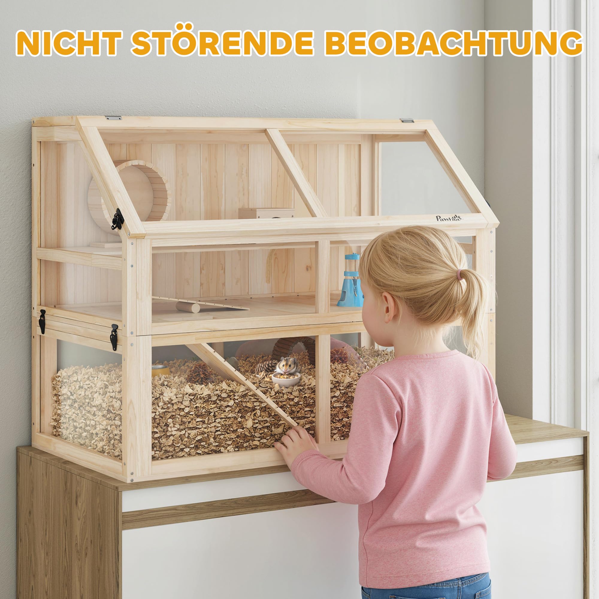PawHut Jaula de madera para hámster de 3 niveles, 95 x 53 x 76 cm, jaula para roedores pequeños con balancín, rueda, cabaña profunda, jaula para ratones para hámster enano, madera natural