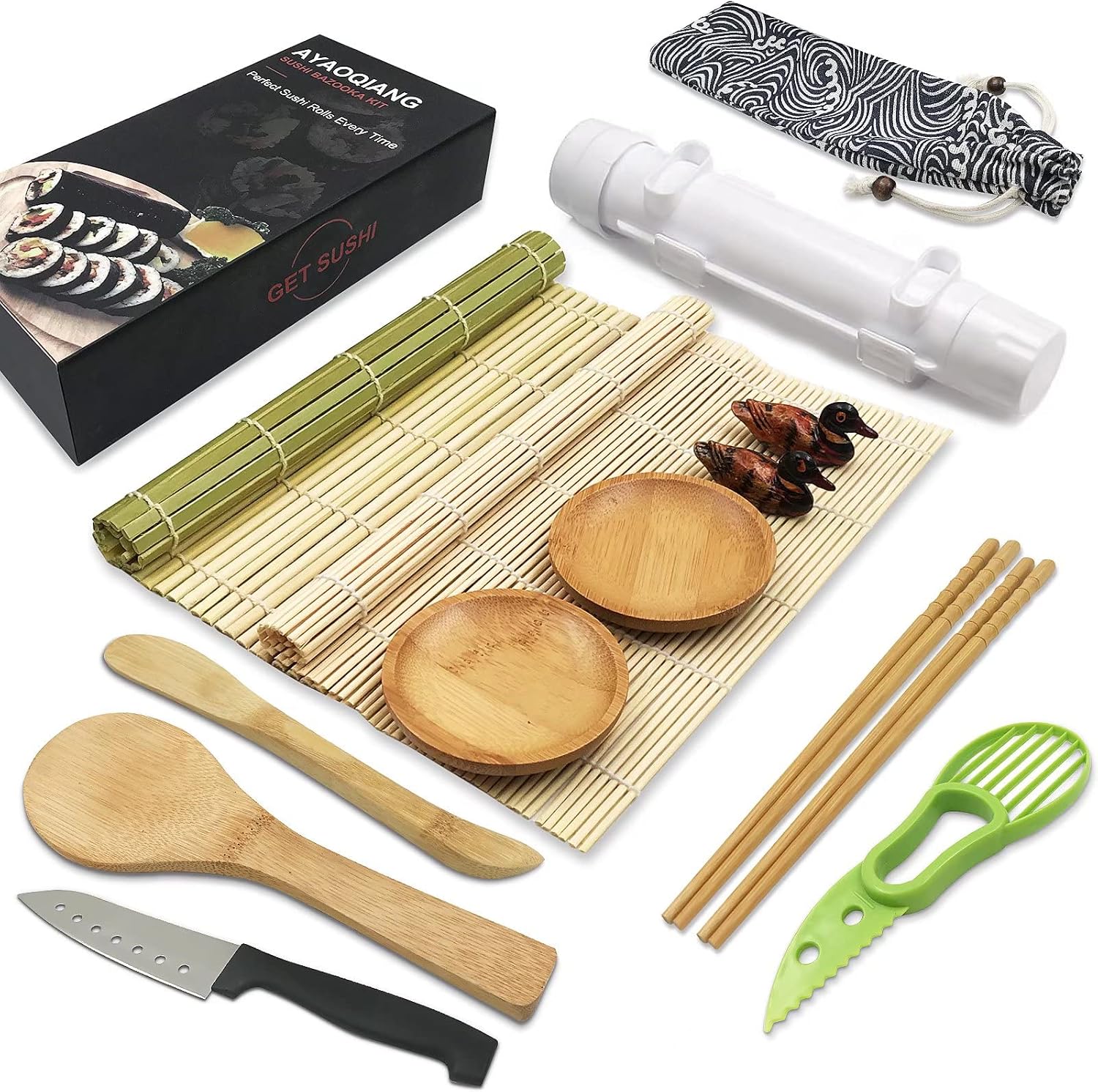 Sushi Making Kit,14 Pieces Sushi Kit,Includes Sushi Bazooka,Bamboo Sushi Mat,Chopsticks,Avocado Slicer,Paddle,Spreader,Sushi Knife,Chopstick Holders,Saucers,Cotton bag,DIY Sushi Tools