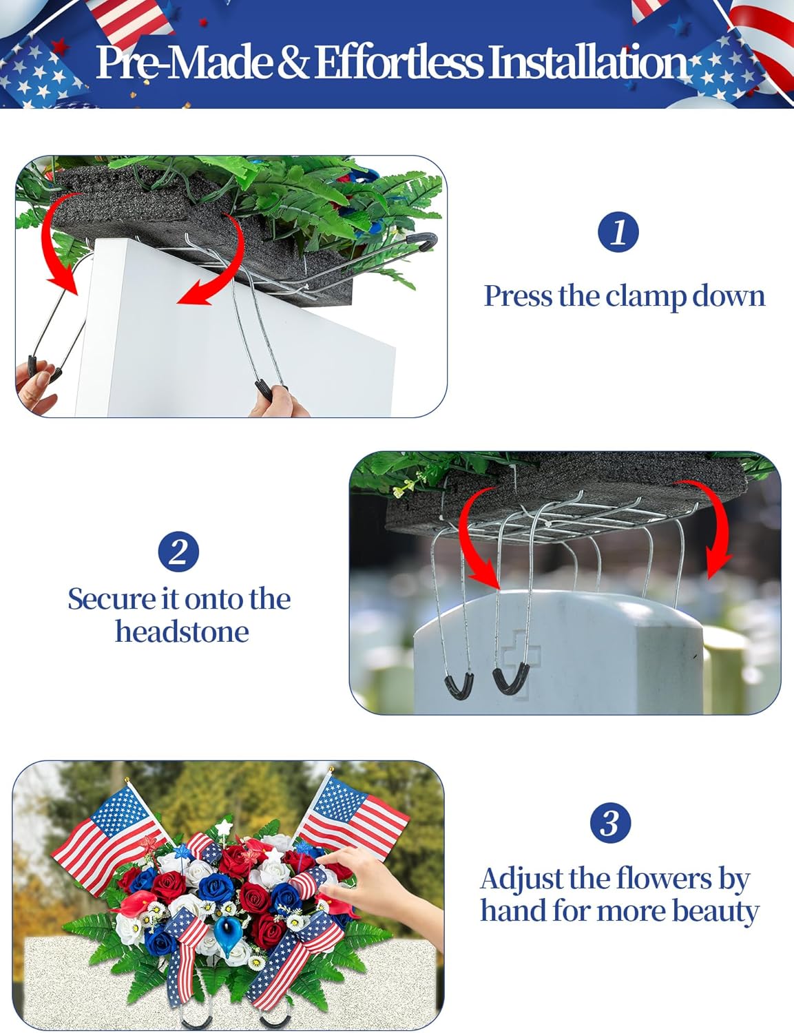 Memorial Day Decorations for Cemetery: Artificial Outdoor Grave Decorations Headstone Flower Saddle - Red White Blue Roses with Flags