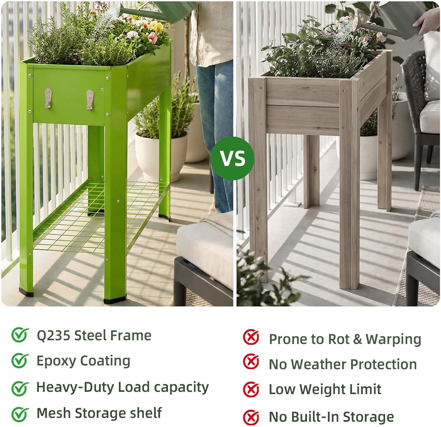 Elevated Raised Garden Bed with Legs, 31.7 x 13.9 x 31.8 in Metal Planter Box, 7.9 in Soil Depth, Heavy-Duty Steel Frame, Drainage Design, 2 Hooks, Green