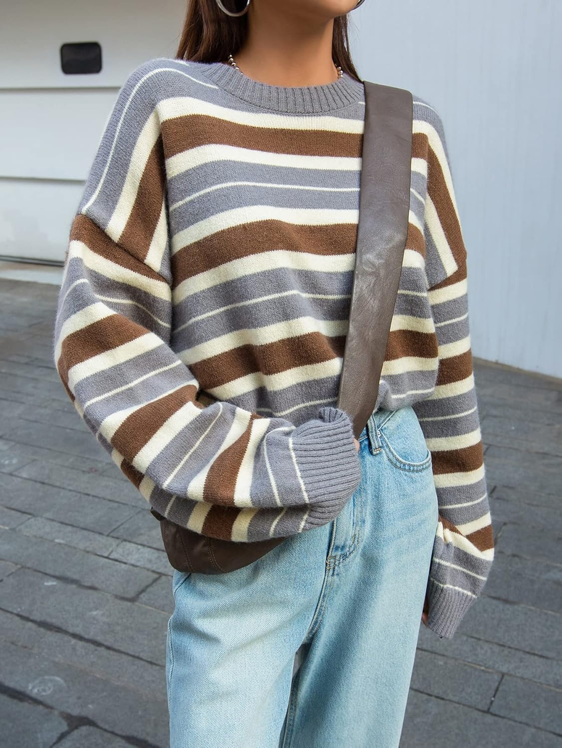 Women's Sweater Color-Block Stripe Pattern Drop Shoulder Sweater Sweater for Women (Color : Multicolor, Size : Medium)