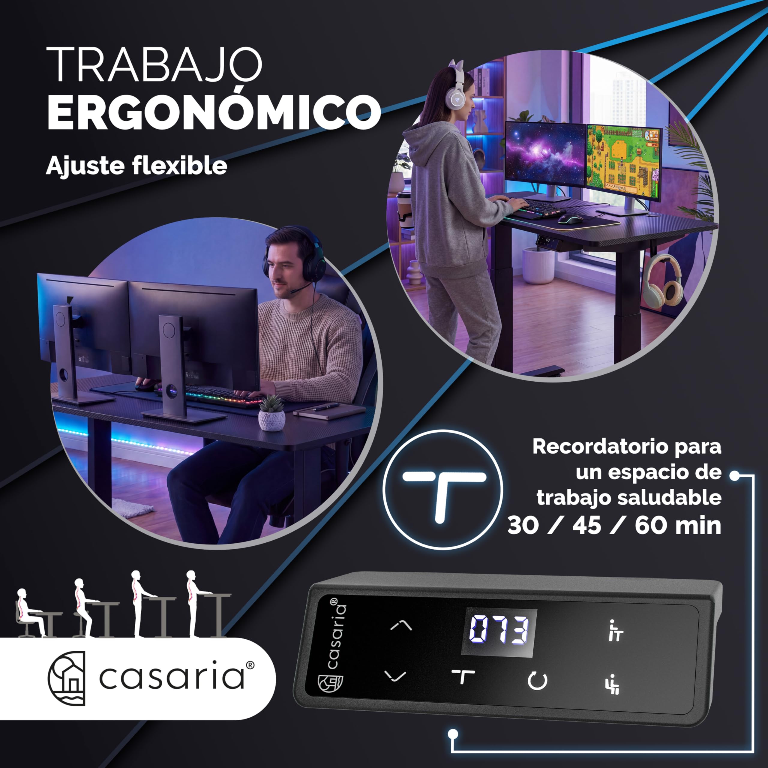 CASARIA® Escritorio Eléctrico Regulable Altura 120x60cm Mesa Elevable 80Kg LCD Función Memoria Temporizador USB-C/A Home Office Oficina Negro | Eléctrico, Altura ajustable 72 a 117cm, función de memoria, cargador inalámbrico con USB-C y USB-A