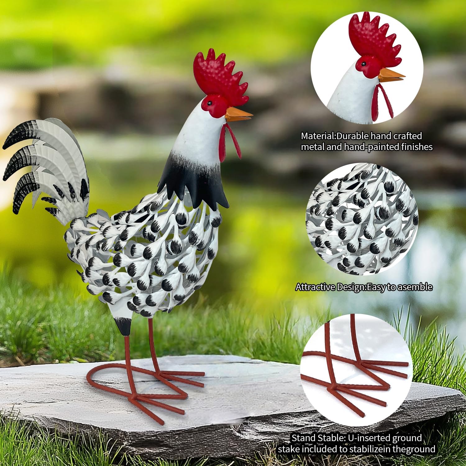 HONGLAND Metal Rooster Yard Decor,16" Solar Chicken Garden Statues Outdoor,Farm Animals Lawn Decorative Ornaments Outside for Home Patio Backyard Landscape image 5