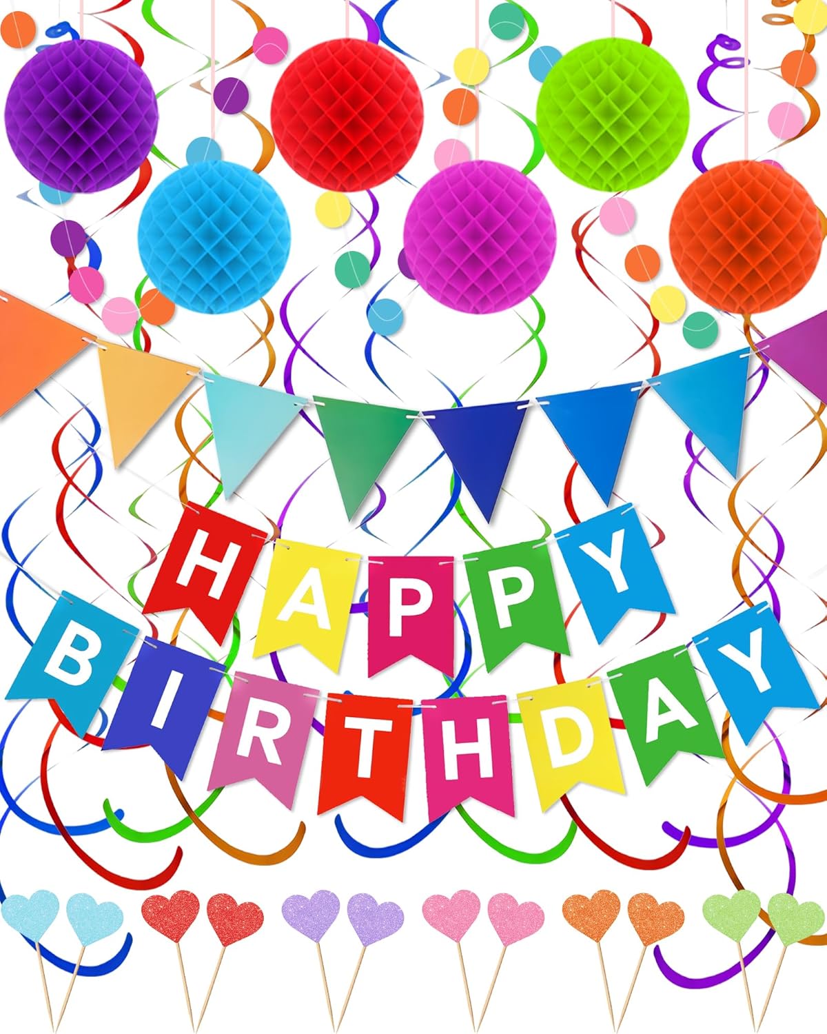Happy Birthday Party Decorations – Colorful Happy Birthday Banner Swirl Streamers Honeycomb Balls Circle Dots Garland Triangle Flag Bunting, Rainbow Decor for Women Men Boys Girls