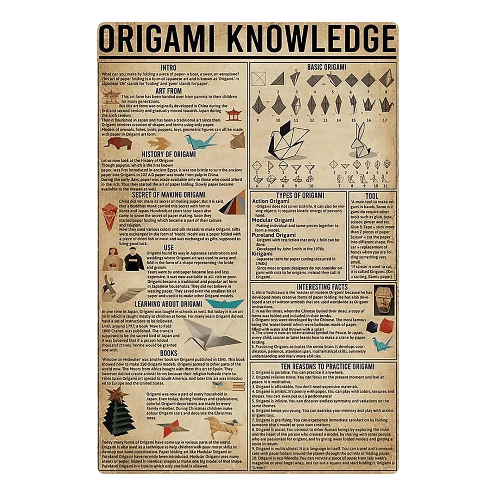 rayprint Origami Knowledge Metal Posters Origami Reference Guide Metal Tin Signs Origami Lovers Home Room Wall Decor Plaque Gift For Kids Learning 12x16 Inches