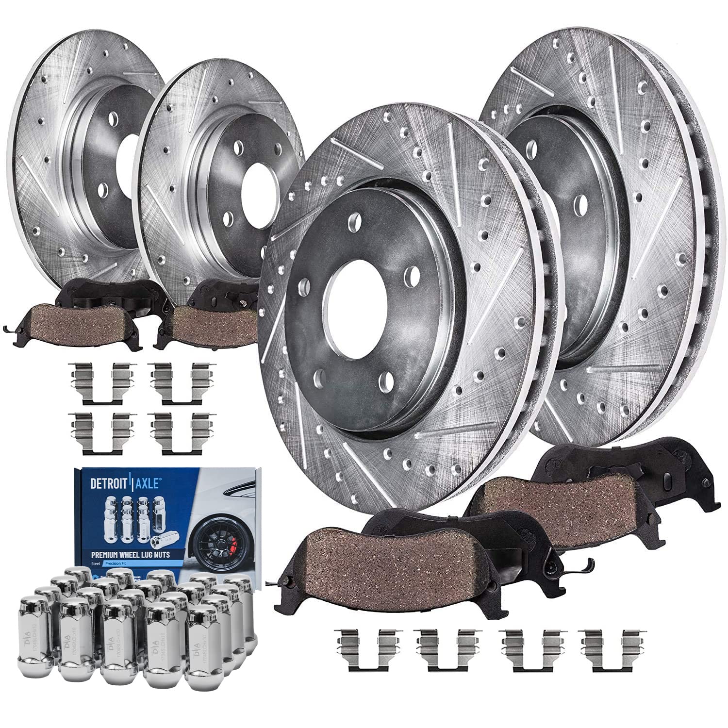 Detroit Axle - Front &amp; Rear Drilled Rotors Brake Pads For Ford Taurus | Replacement for Flex Lincoln MKT MKS - 28pc Set 20pc Lug Nuts