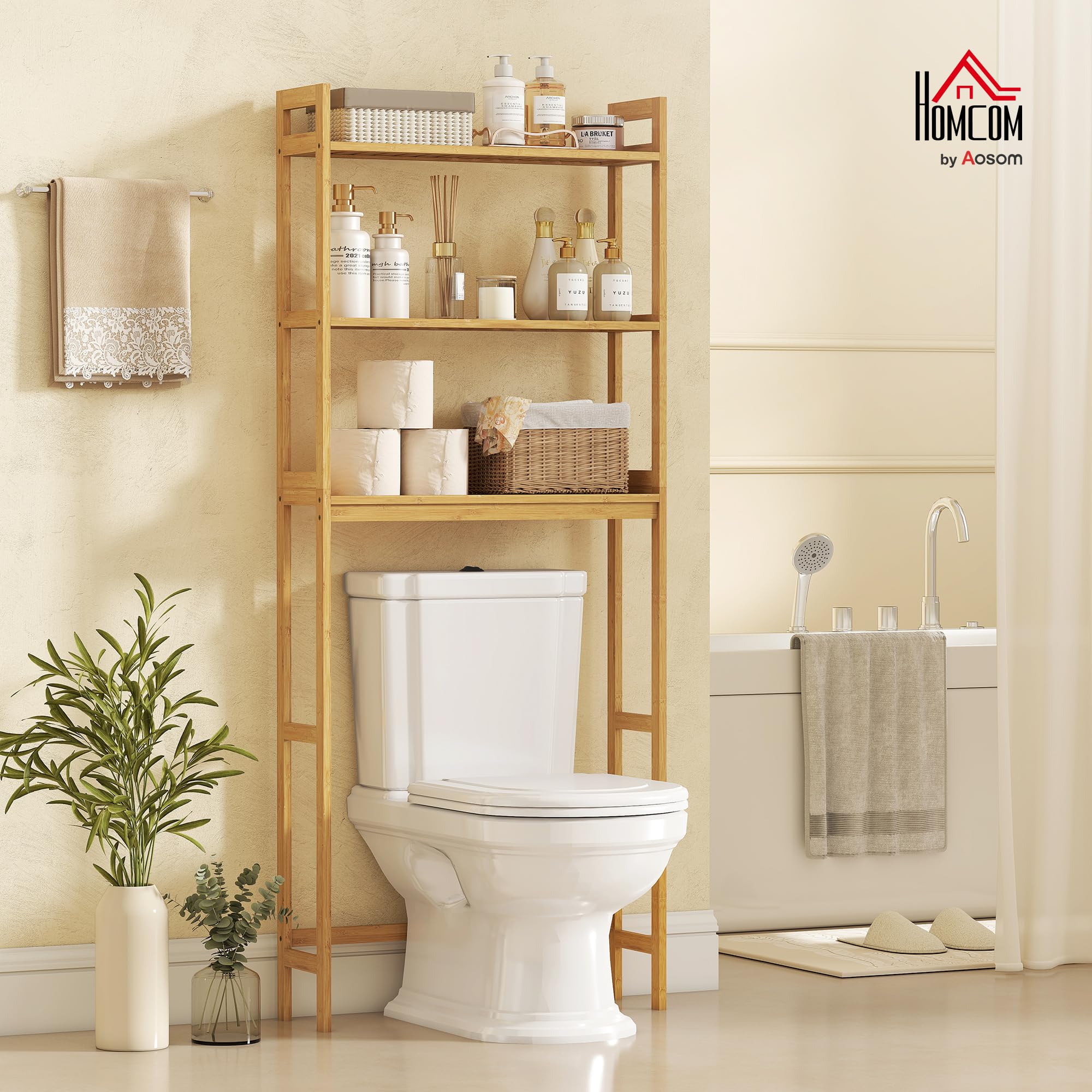 kleankin Estantería sobre Inodoro de Bambú Estantería de Baño con 3 Estantes y Alfombrillas Antideslizantes Antivuelco Estilo Moderno 68x20x165 cm Natural