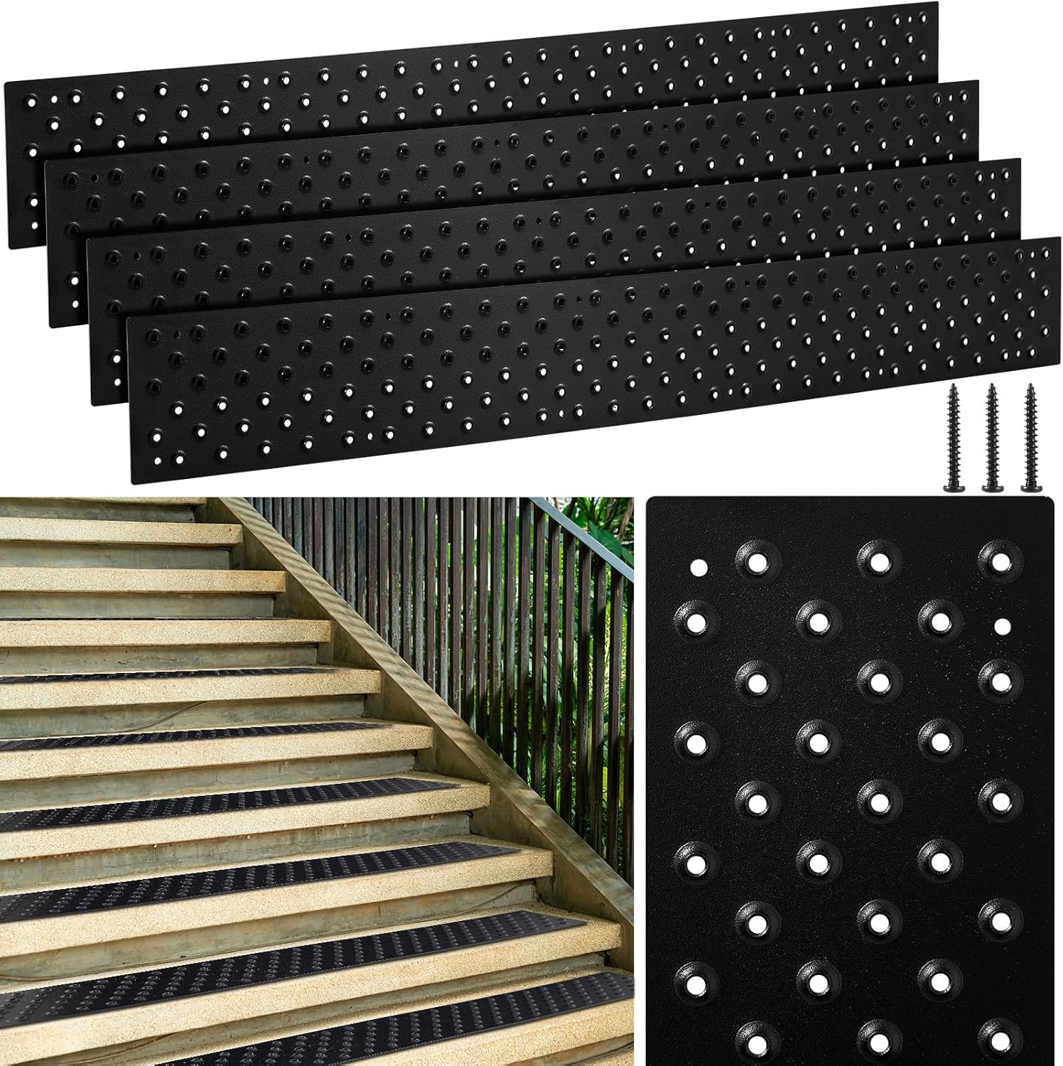 Gisafai 8 Pcs Non Slip Aluminum Stair Tread 30 x 3.75 Inch Metal Stair Nosing Powder Coated Anti Slip Outdoor Treads with Carbon Steel Screws, Easy to Install for Wood Ramp Deck Steps (Black)