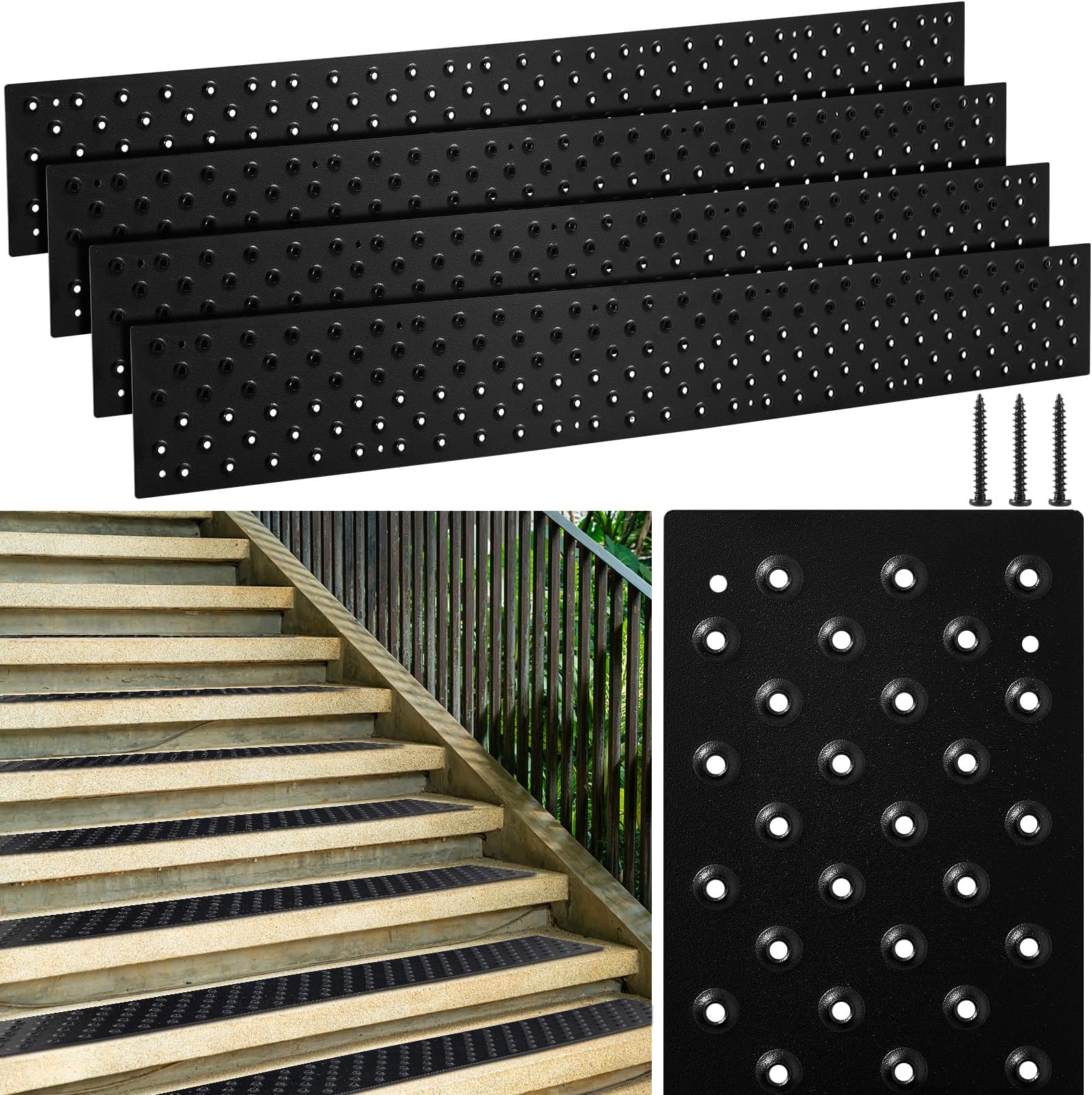 Gisafai 4 Pcs Non Slip Aluminum Stair Tread 30 x 3.75 Inch Metal Stair Nosing Powder Coated Anti Slip Outdoor Treads with Carbon Steel Screws, Easy to Install for Wood Ramp Deck Steps (Black)