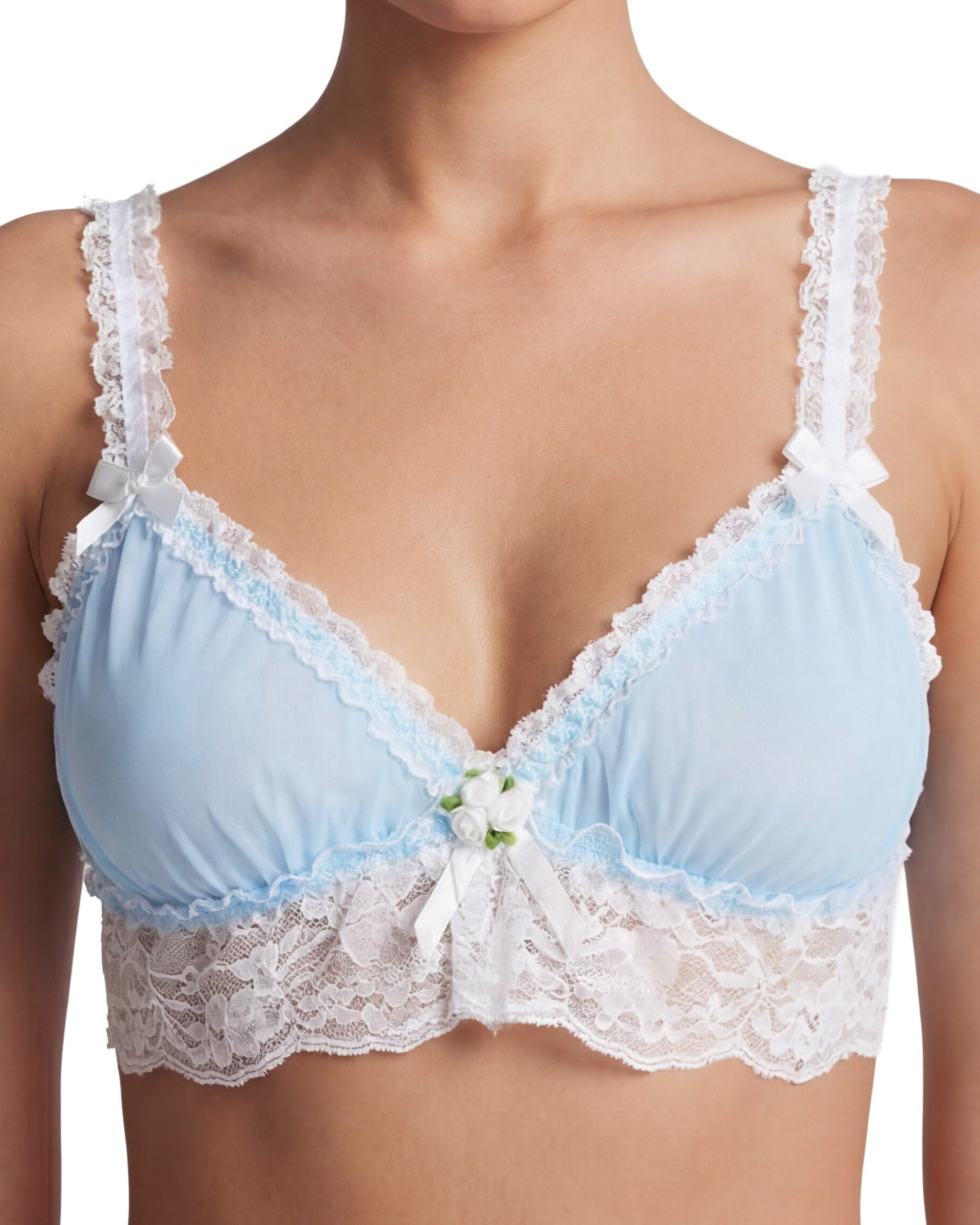 Satini Sheer Frilly Lace Bralette, Baby Blue - White, XL