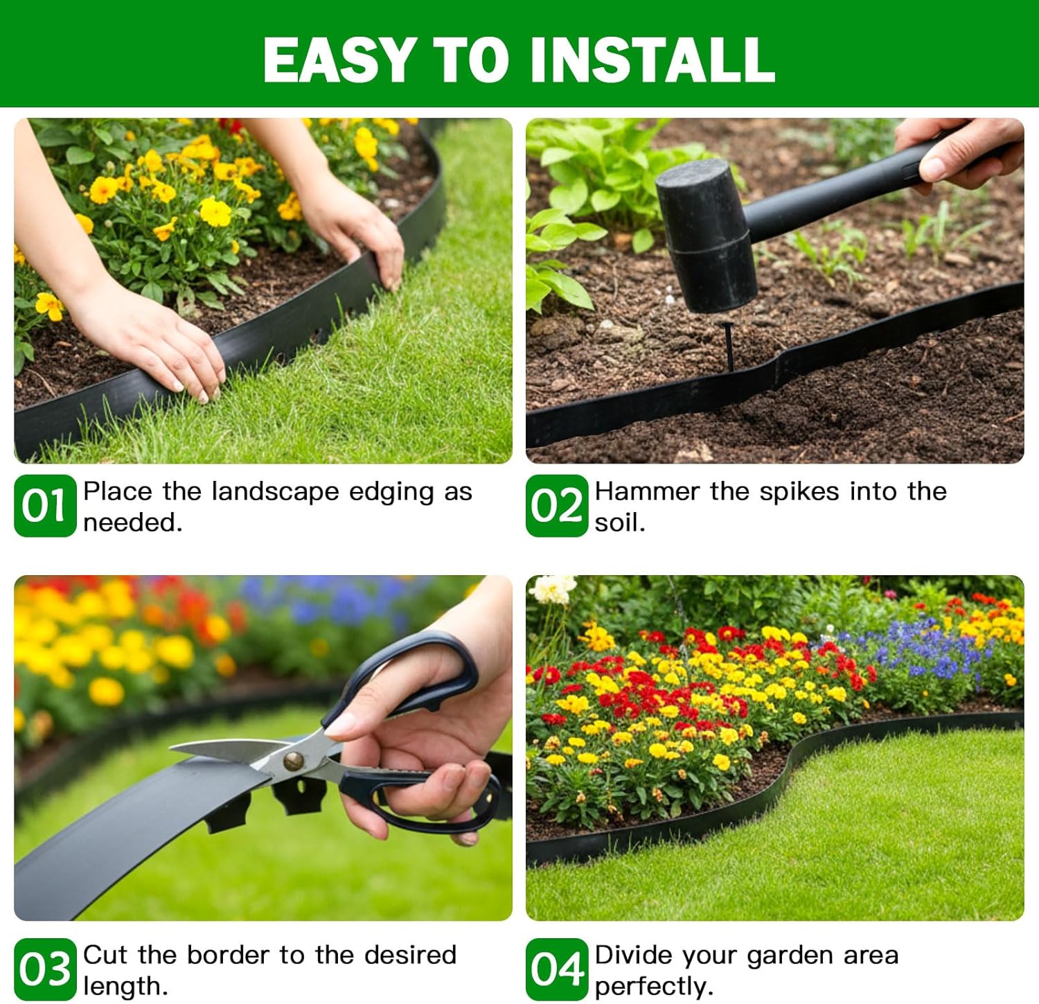 No Dig Landscape Edging Border 2-Inch x 40 FT, Heavy-Duty Plastic Garden Edging with 50 Spikes, Garden Edging for Flower Beds Pathway Paver Edging, Black