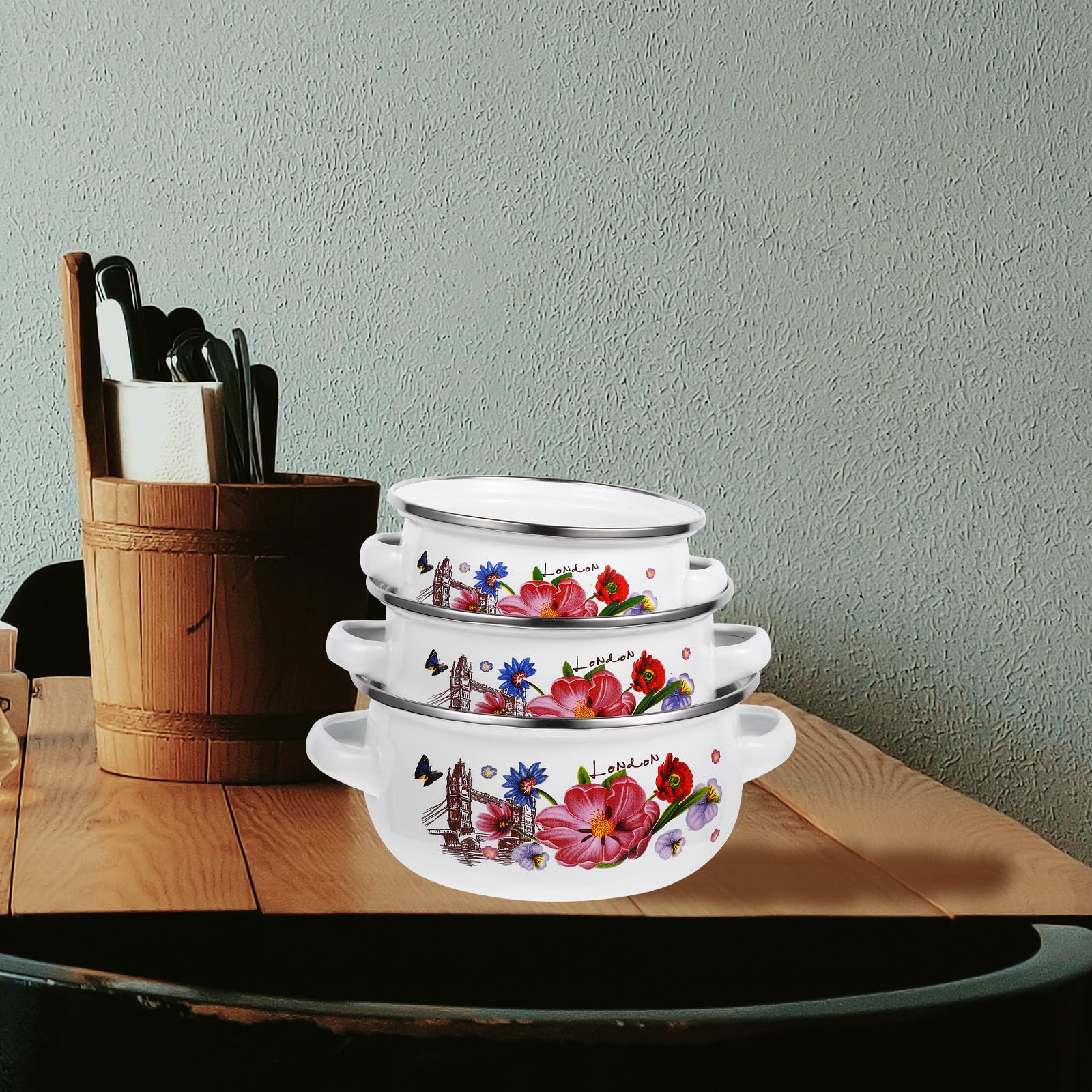 Operitacx Set di Pentole Smaltate Manici Rimovibili 3 Pezzi, Piccola Pentola Smaltata Fondo Piatto, Leggera per Zuppa in Festa Estiva