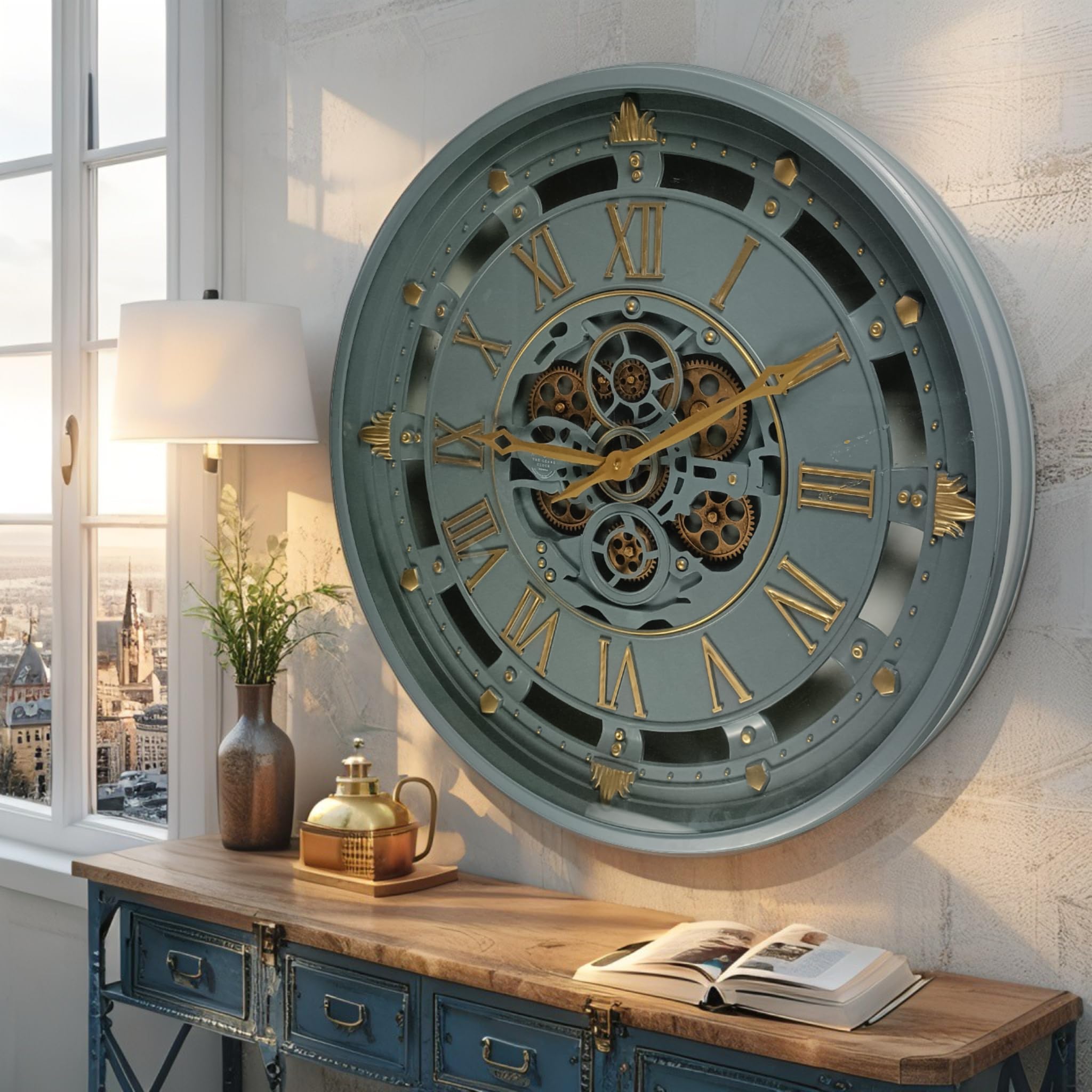 The Gears Clock Wanduhr 26 Zoll mit echten beweglichen Zahnrädern, Belgische Linie mit Glasabdeckung, Grau, 66 cm