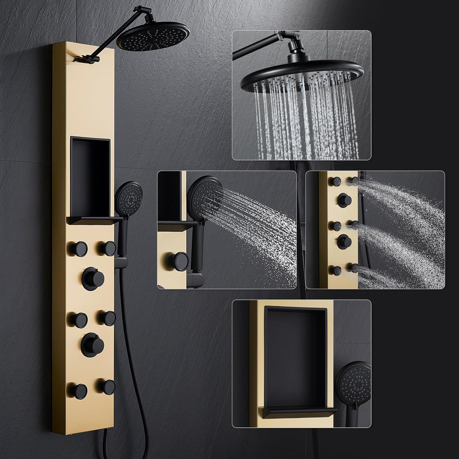 POPFLY Shower Panel Tower System with Shelf, Adjustable Shower Arm Height 8-inch Rainfall Head System, Stainless Steel Shower Panel, 6 Body Jets and 5-Setting Handheld Shower, Brushed Gold 6 Jets with Shelf-Brushed Gold