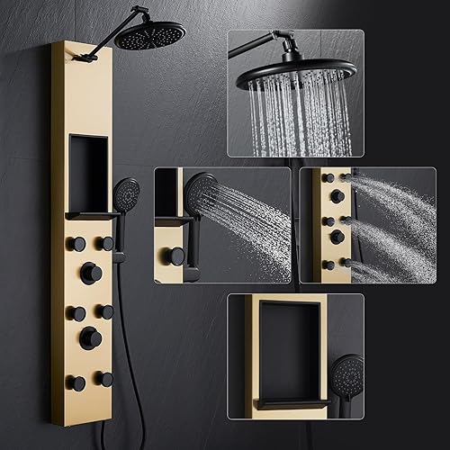 Vista 15 de POPFLY Sistema de Panel de Torre de Ducha con Altura de Brazo de Ducha Ajustable, Sistema de Cabezal de Lluvia, Panel de Ducha de Acero Inoxidable
