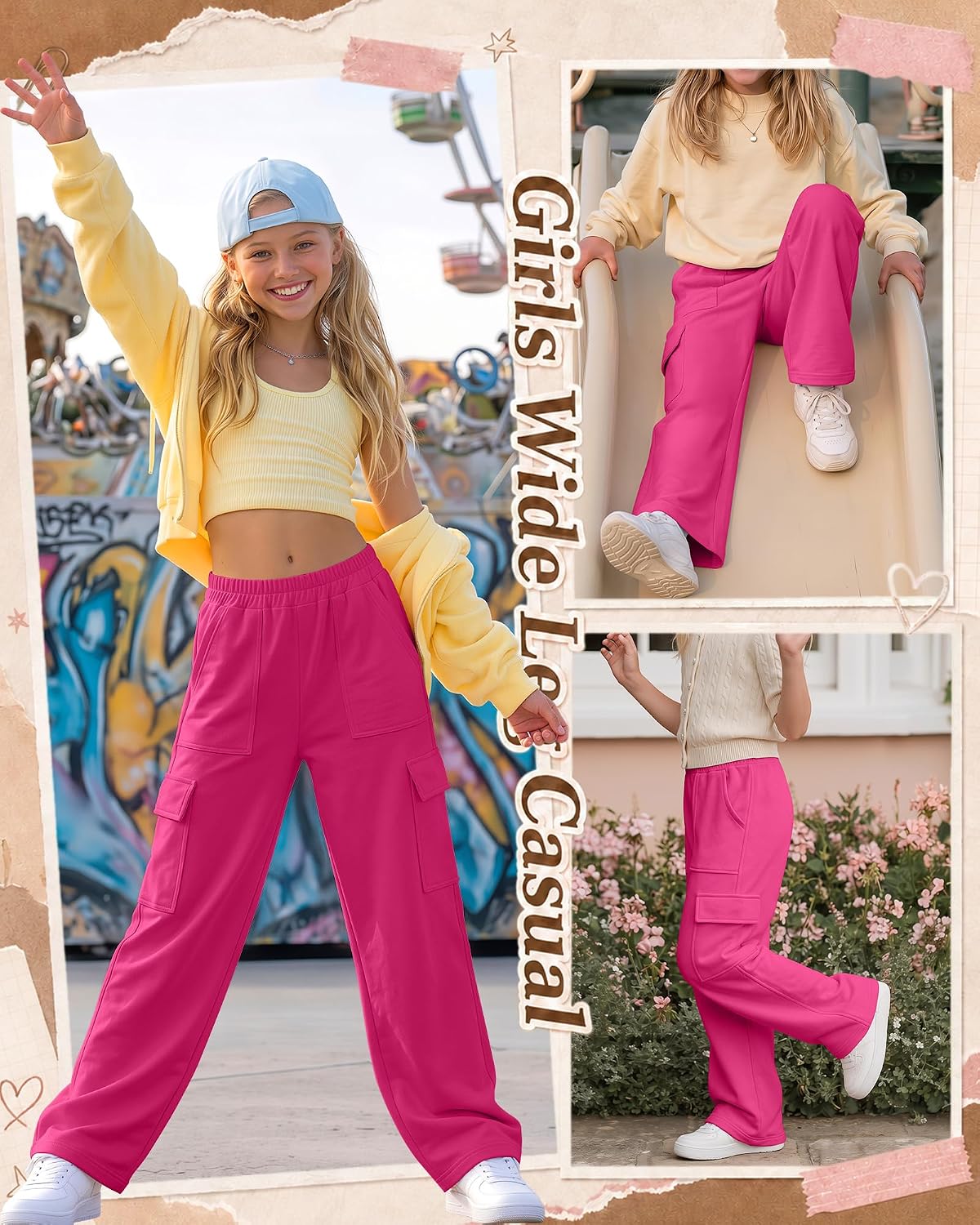 Girls' Cargo Pants Wide Leg Sweatpants with Pockets Elastic Waist Kids Casual Baggy Athletic Trousers 5-14 Years
