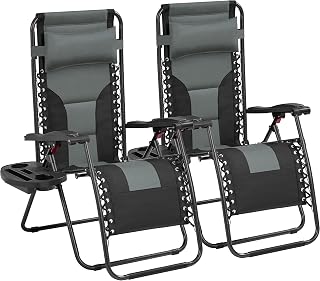 Yaheetech Padded Zero Gravity Recliner, Foldable Outdoor Patio Chairs, Adjustable Anti Gravity Lounger for Backyard Camping w/Carry Strap, Cup Holder, Pillow Gray/Black Set of 2