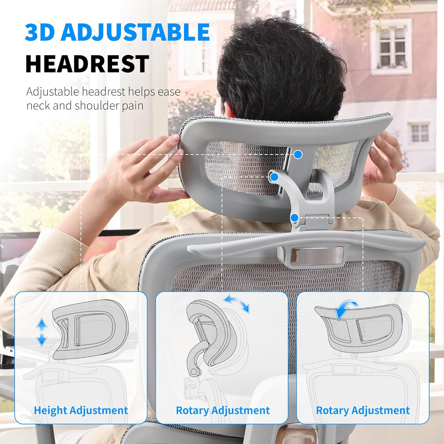 Mesh Ergonomic Office Chair with Footrest,High Back Mesh Gaming Chair with Lumbar Support,Adjustable Headrest and Armrests for Home Office Desk Chair (Modern, Grey) - Image 6