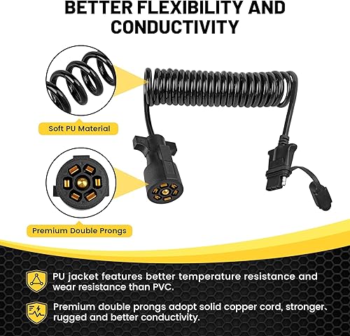 Miniatura 4 de Oyviny Adaptador de remolque en espiral plano de 7 vías a 4 vías, 10.5 pies, coleta en espiral de 7 pines a 4 pines con cubierta antipolvo, chaqueta