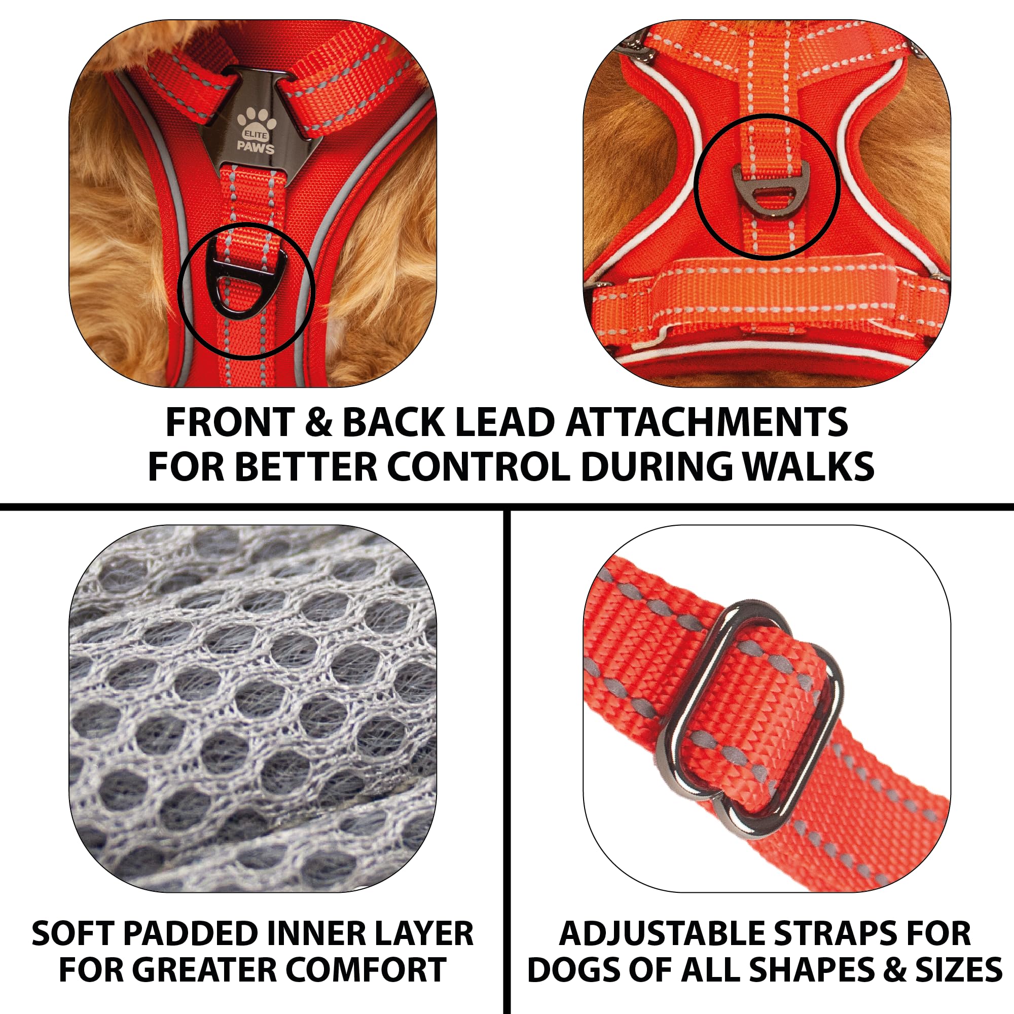 Elite Paws UK : Harnais pour chien avec boucle en métal de qualité supérieure, solide, sûr, rembourré, confortable, réglable, réfléchissant, attaches de laisse avant/arrière, poignée souple, gilet de
