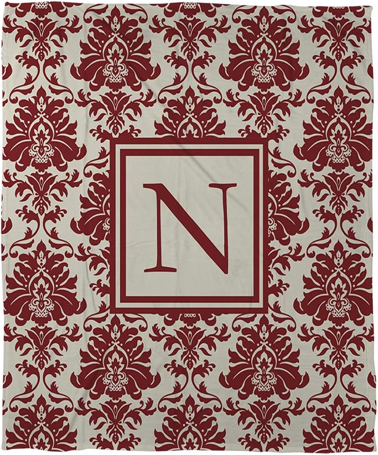 Manual Woodworkers & Weavers Coral Fleece Throw, 50 by 60-Inch, Monogrammed Letter N, Crimson Damask