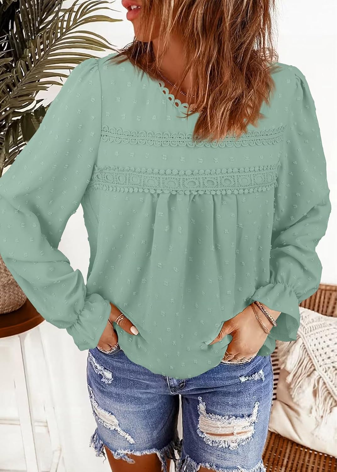 Womens Boho Tops Long Sleeve Shirts For Women Cute Crewneck Blouse Dressy Casual Swiss Dot Crochet Hollow Top 2026 - Image 2