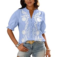 BTFBM Womens 2026 Spring Tops Casual Floral Boho V Neck Puff Short Sleeve Button Down Shirts Embroidered Blouses Tunic