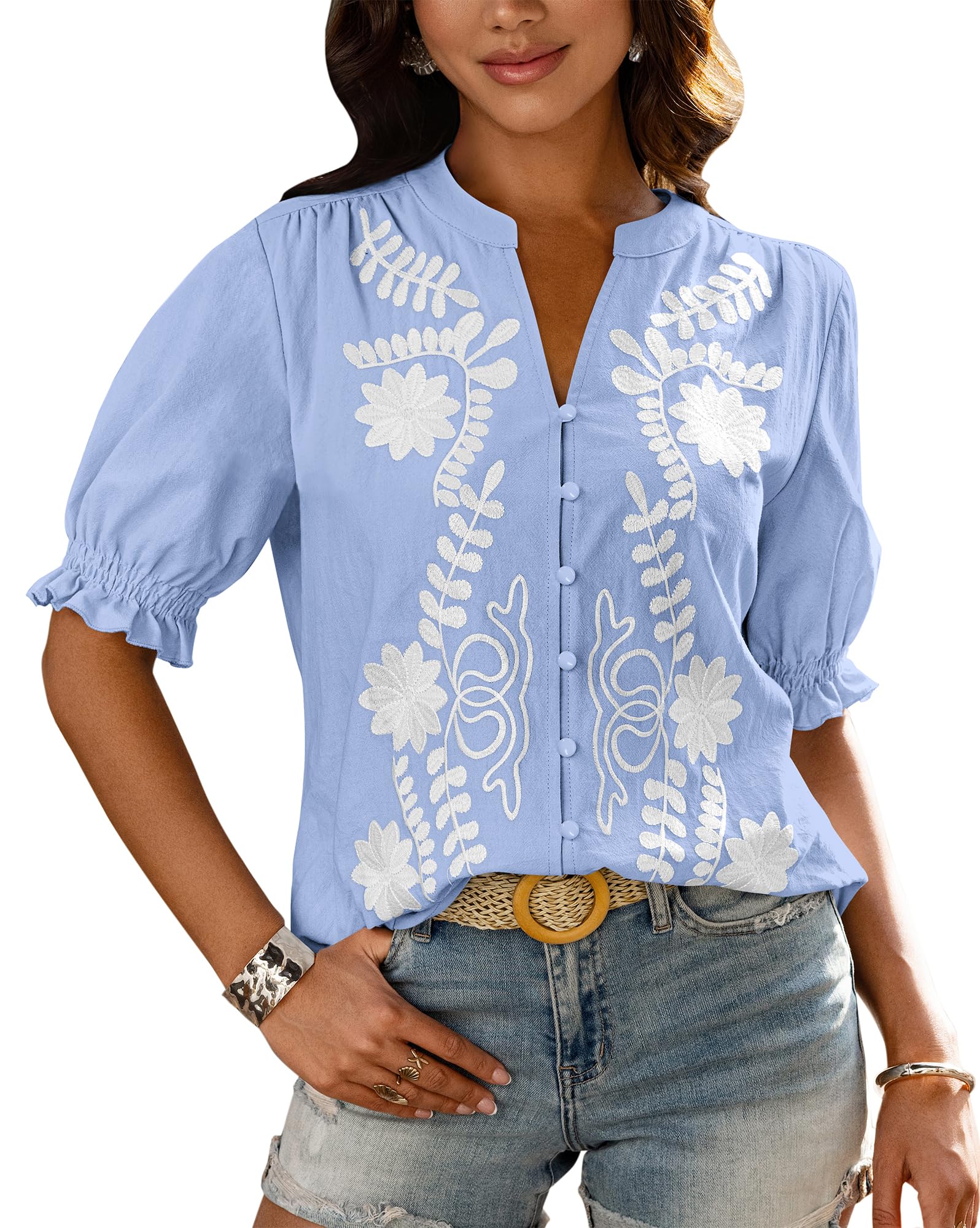 BTFBM Women's 2026 Spring Tops Casual Floral Boho V Neck