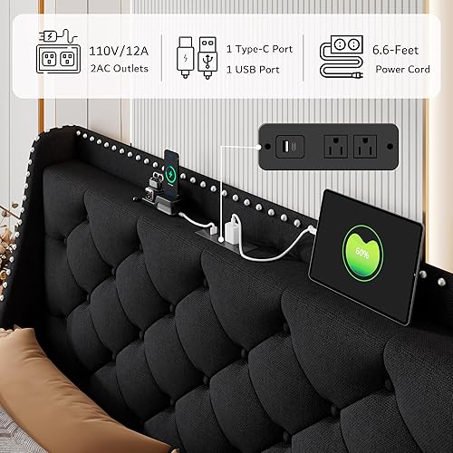 Miniatura 4 de iPormis Base de cama Queen con respaldo cómodo de 16 pulgadas y estación de carga, cama de plataforma tapizada con cabecera de almacenamiento