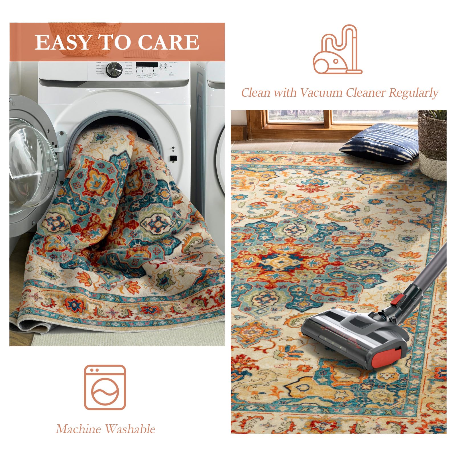 CHICHIC Area Rug 5x7 Washable Large Bedroom Rug Boho Area Rugs Oriental Accent Non-Slip Rug Soft Vintage Floor Carpet for Living Room Dining Room Nursery Laundry Room Office, Red-Blue