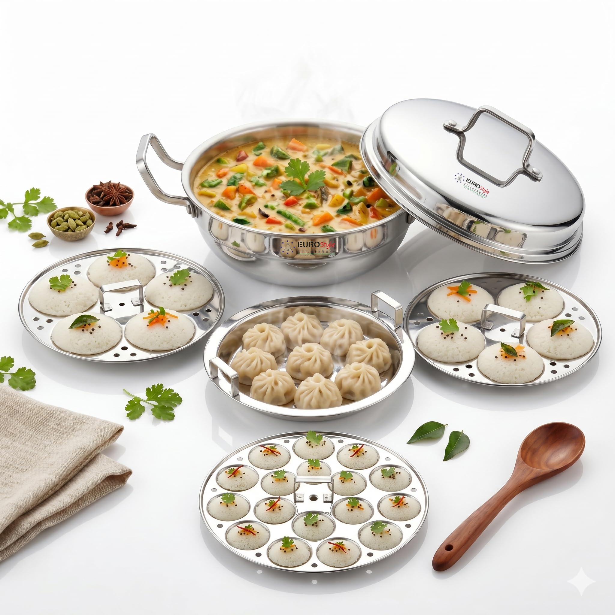 EUROStyle Triply Stainless Steel Multi Kadai Idly Cooker - ISI Mark Certified - Full Triply Body for Even Cooking -10 Idlies + Mini Idly Plate - Induction & Gas Compatible - 3 in 1 Kadai, Idly cooker, Steamer (MK 10)-image-21