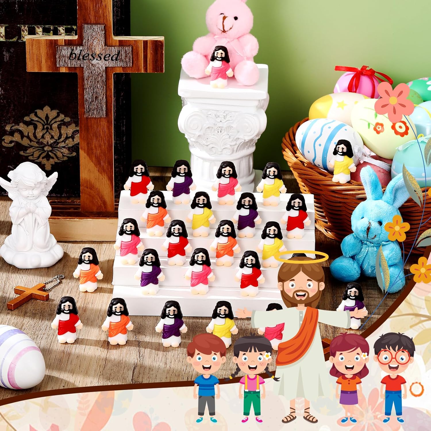 Bememo 25 Pcs Mini Jesus Figurines Bulk Original Design Rubber Mini Jesus Figures to Hide and Seek Religious Gifts Sunday School Baptism Easter Egg Filling (Bright Colors)