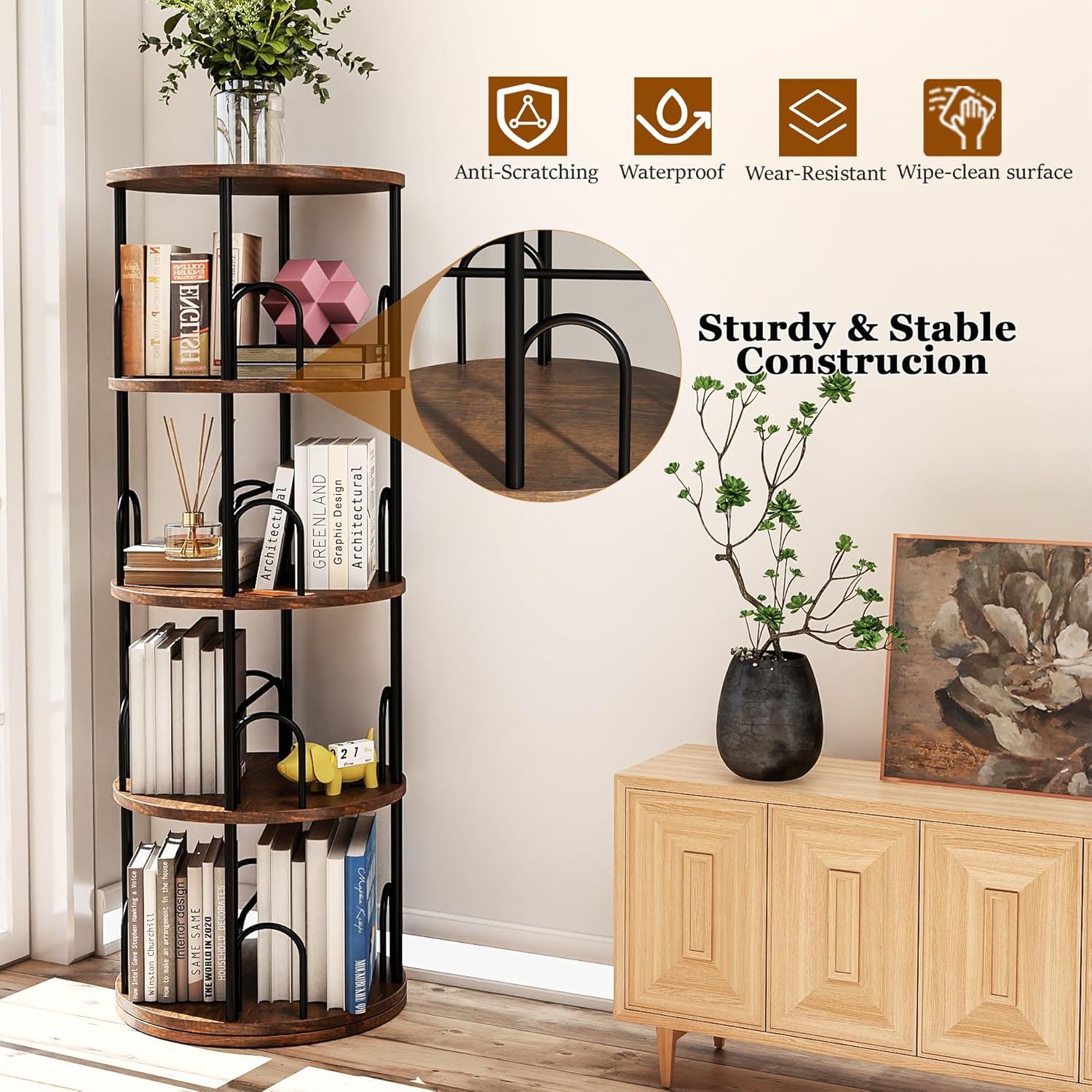 4 Tier Rotating Bookshelf, 360 ° Display Corner Book Shelf, Stackable Spinning Bookshelf Tower, Narrow Tall Revolving Bookcase, Round Swivel Storage Organizer (Black, 4 Tiers) - Image 6