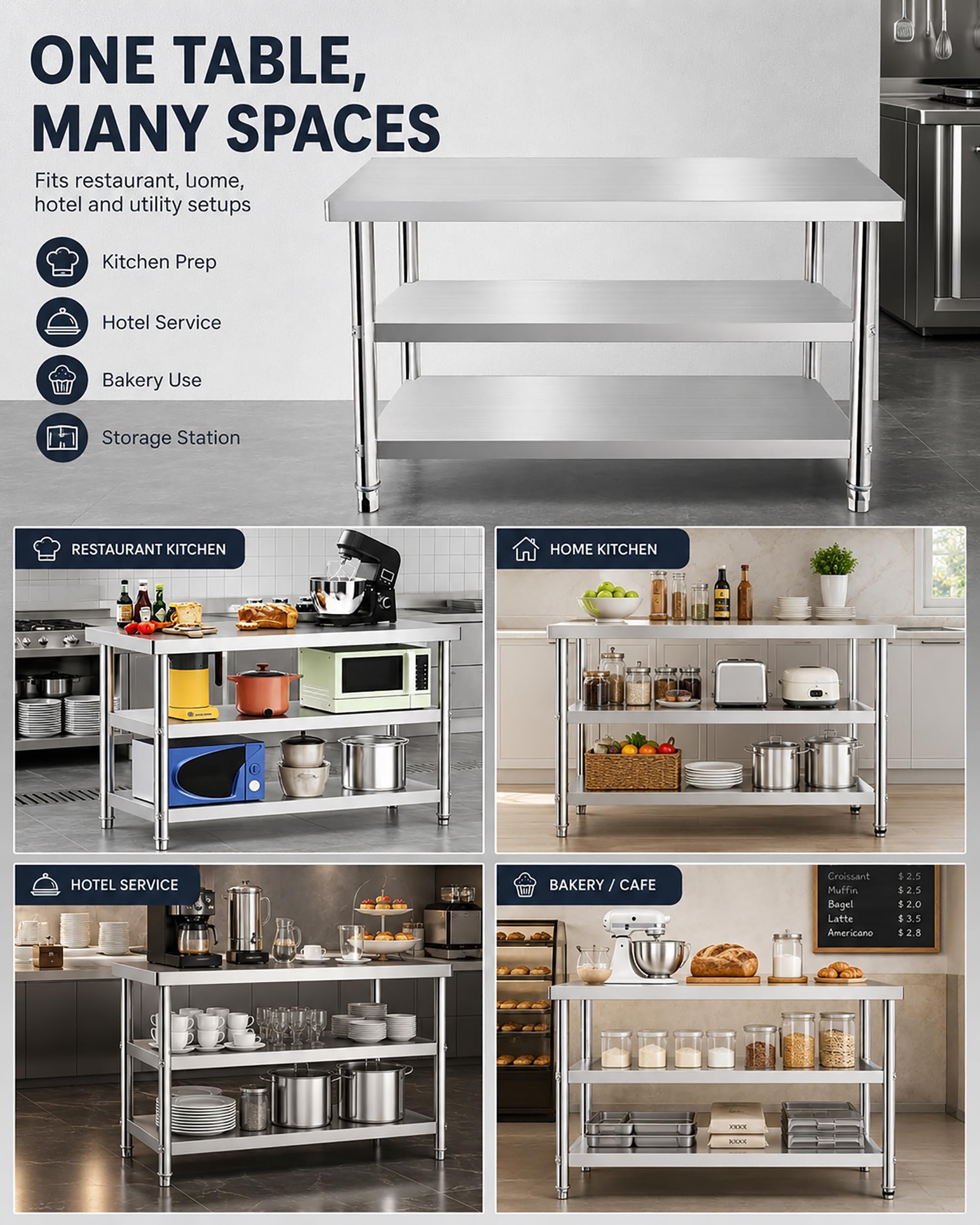 Banco da Lavoro Garage in Acciaio Inox A 3 Ripiani H 95 Cm, Tavolo da Esterno per Grigliate Scaffali Acciaio Inox Banco da Cucina per Ristoranti Negozi Magazzini,120x50x95cm