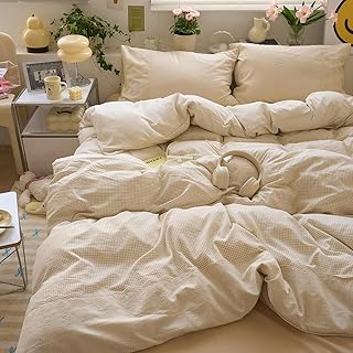 LifeTB Tan Gingham Comforter Set Full Romantic Lace Style Beige Taupe Plaid Comforter Set 3 Pieces Vintage Checkered Grid Comforter with 2 Pillowcases Fluffy Soft Farmhouse Gingham Bedding Set