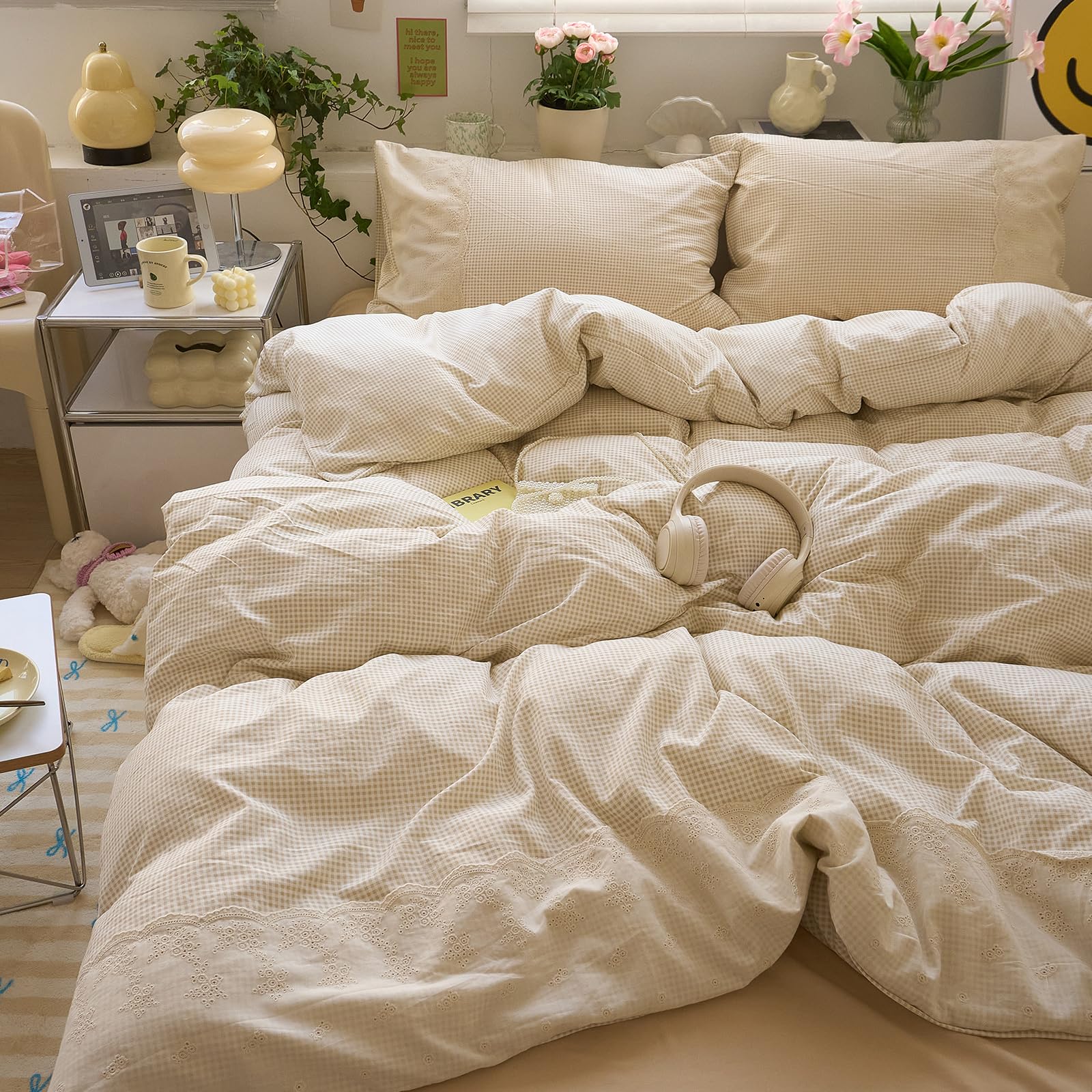 LifeTB Tan Gingham Comforter Set Queen Princess Lace Style Beige Taupe Plaid Comforter Set Soft Fluffy Grid Farmhouse Gingham Bedding Set Vintage Plaid Checkered Comforter with 2 Pillowcases โ image 1